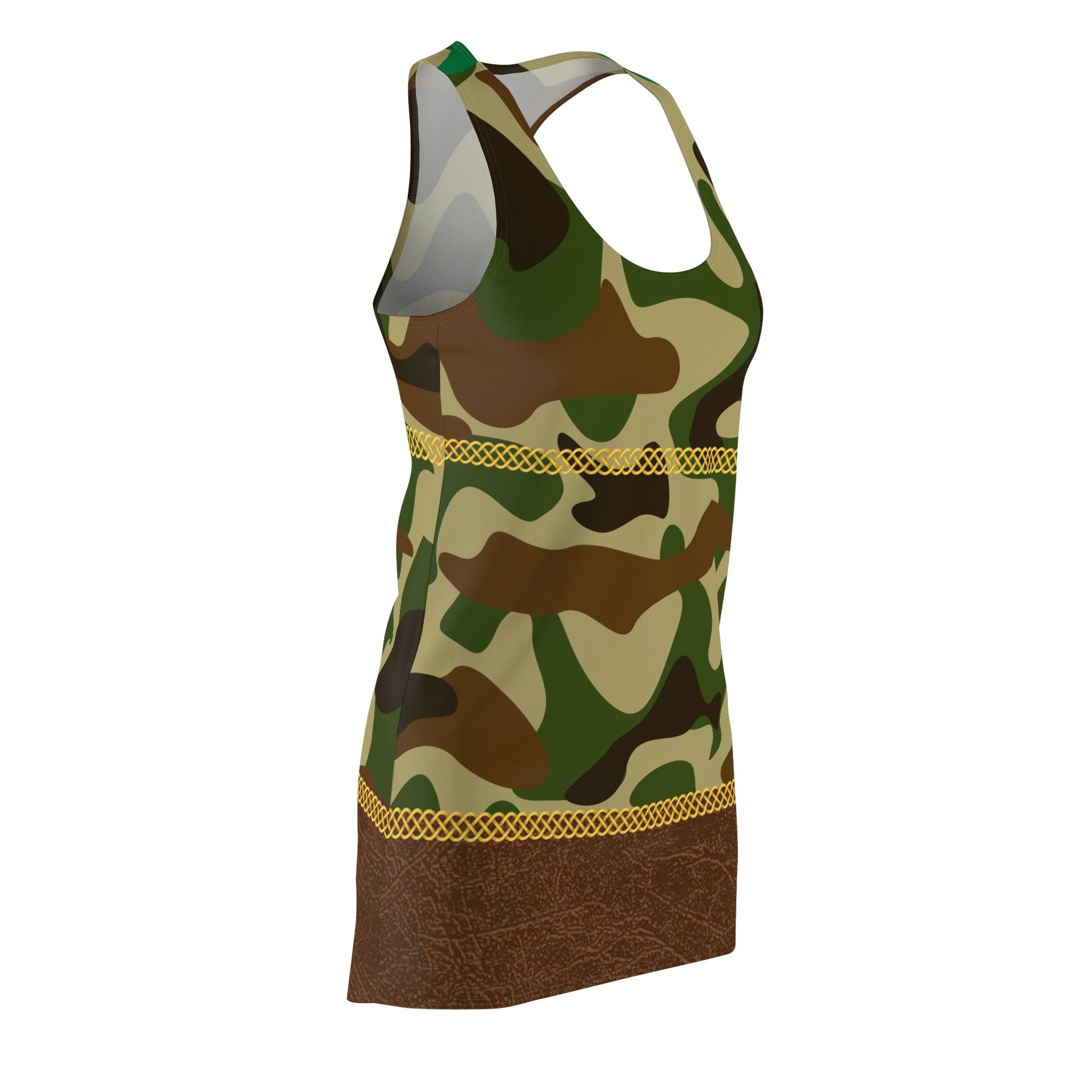 Fabled Fashion Camo and faux leather effect Celtic Knot belt Women's Cut & Sew Racerback Dress (AOP)