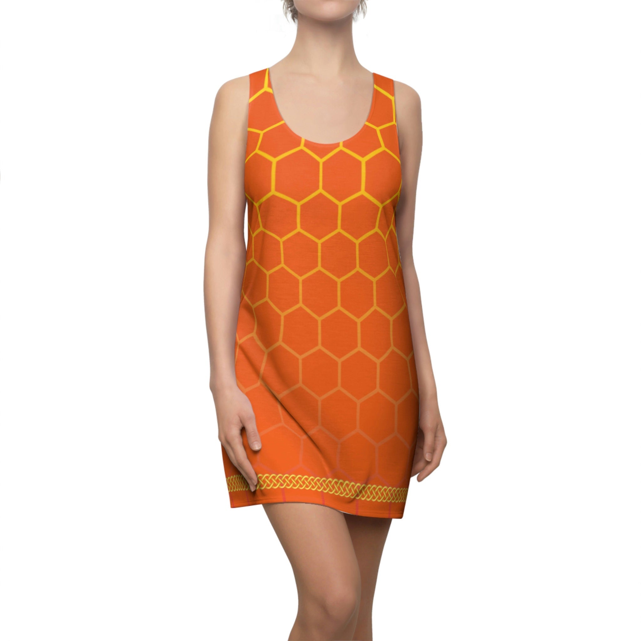 Fabled Fashion Orange Honeycomb with Celtic Knot Women's Cut & Sew Racerback Dress (AOP)