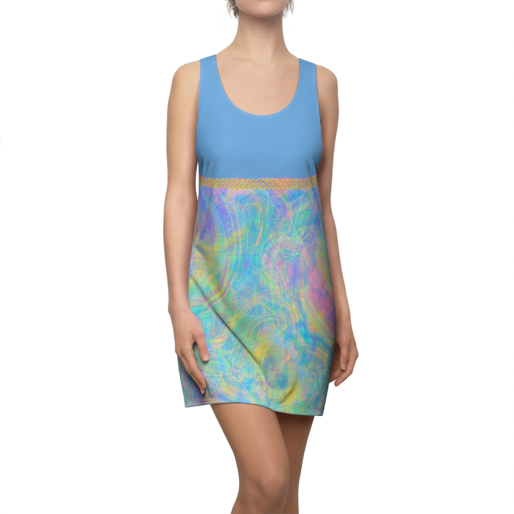 Fabled Fashion Light blue Psychedelic Tie-Dye effect Celtic Knot Women's Cut & Sew Racerback Dress (AOP)