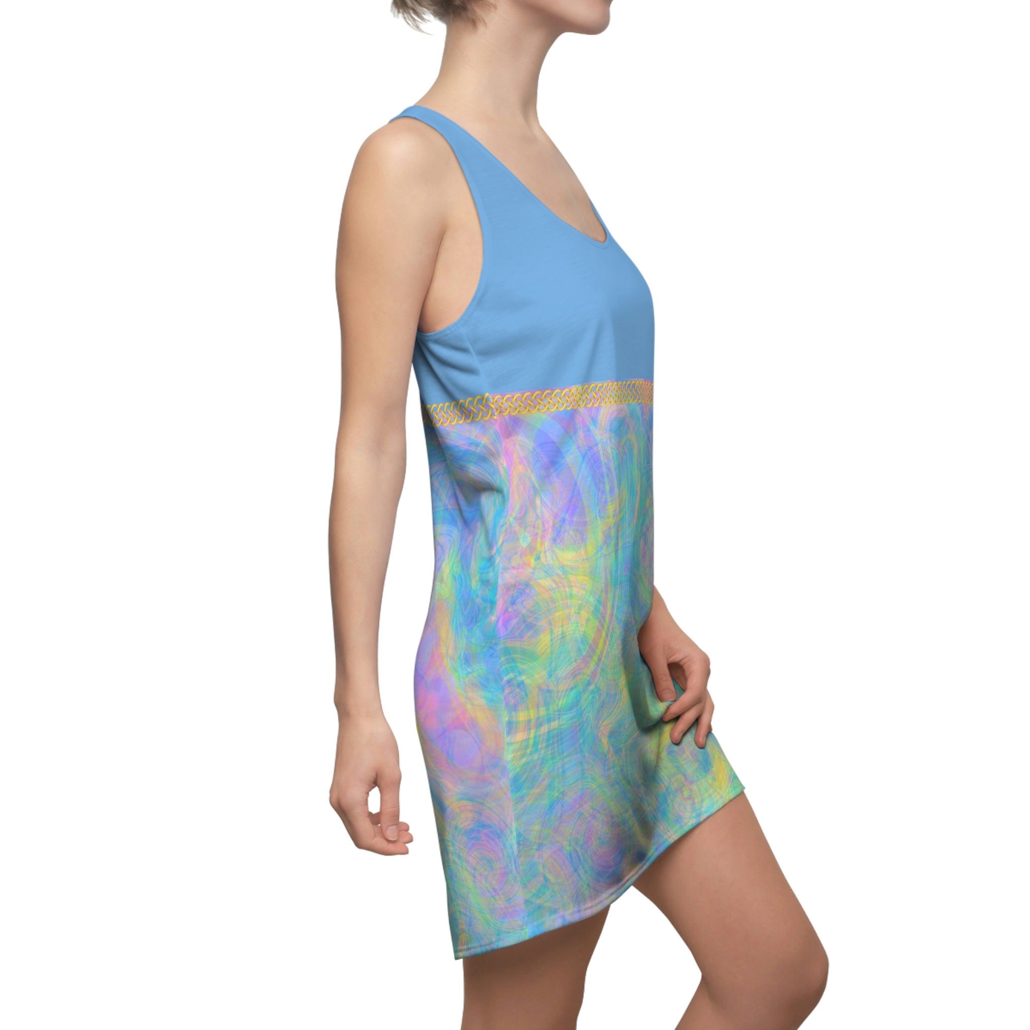 Fabled Fashion Light blue Psychedelic Tie-Dye effect Celtic Knot Women's Cut & Sew Racerback Dress (AOP)