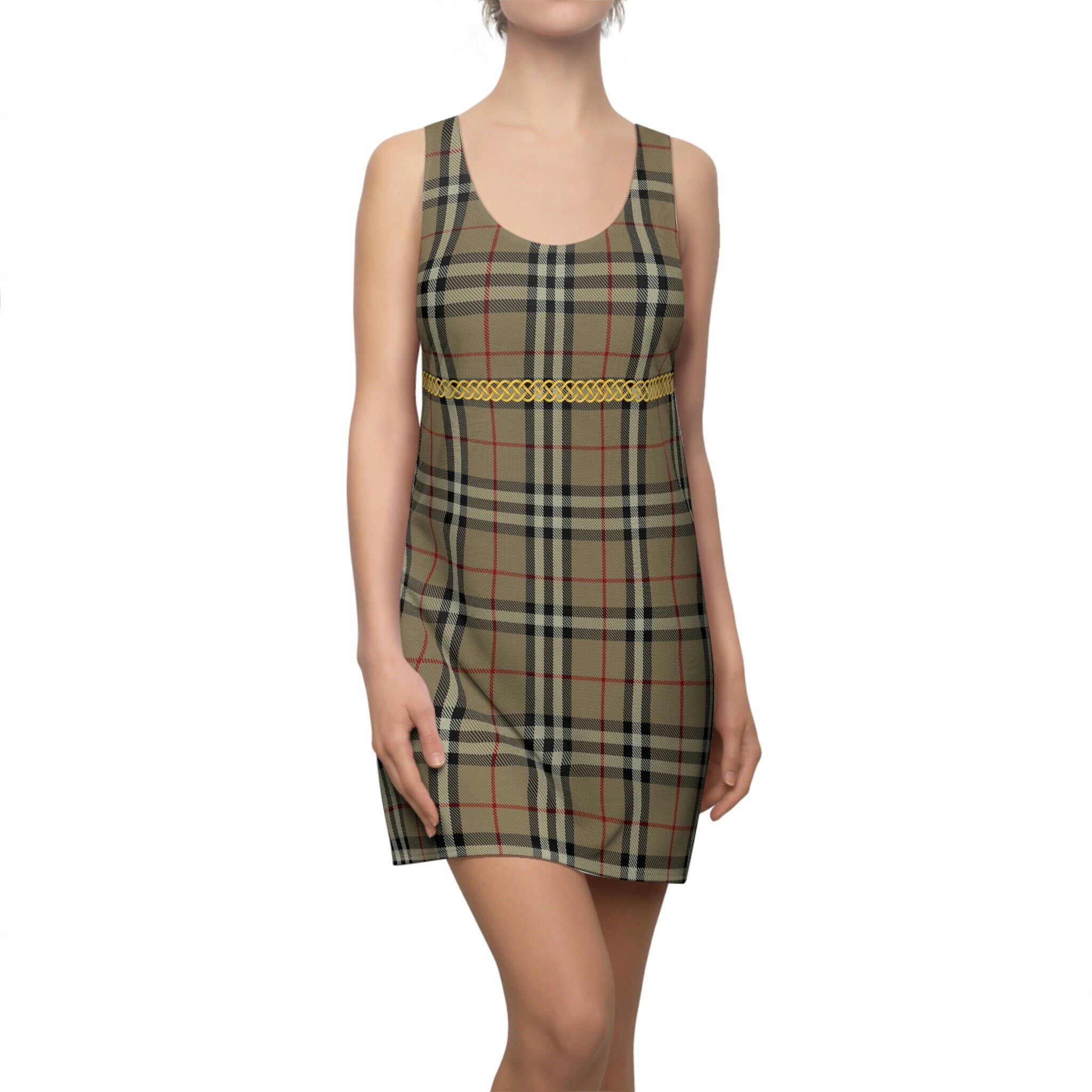 Fabled Fashion Beige Plaid Celtic Knot effect Women's Cut & Sew Racerback Dress (AOP)