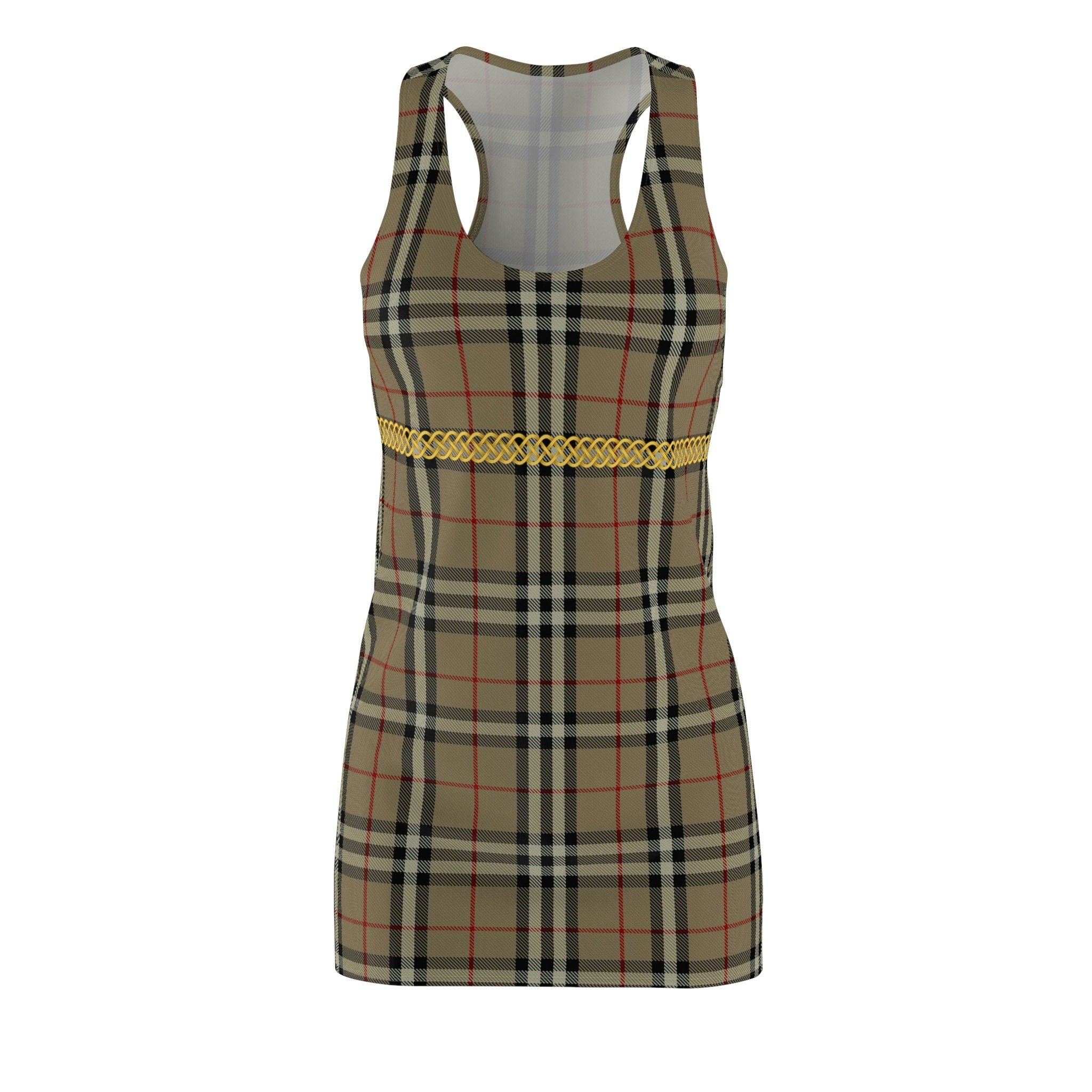 Fabled Fashion Beige Plaid Celtic Knot effect Women's Cut & Sew Racerback Dress (AOP)