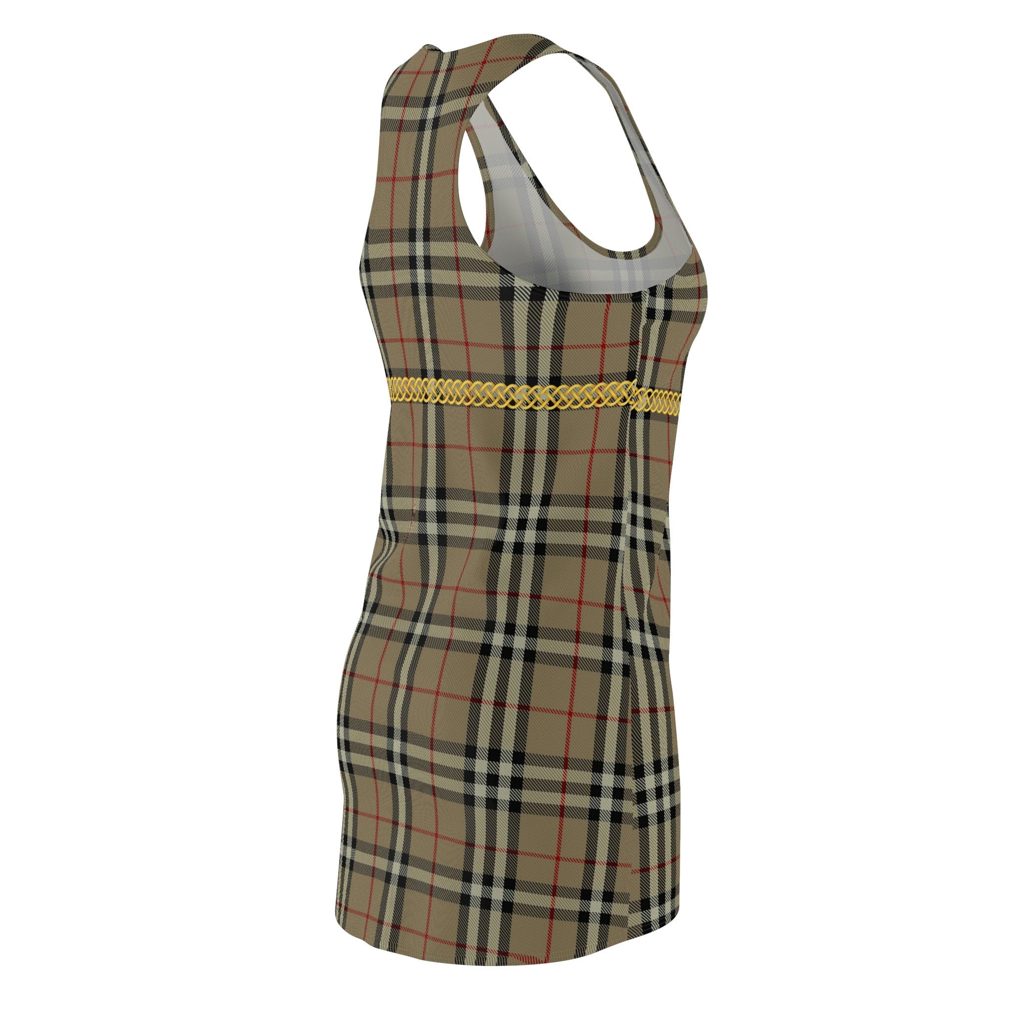 Fabled Fashion Beige Plaid Celtic Knot effect Women's Cut & Sew Racerback Dress (AOP)