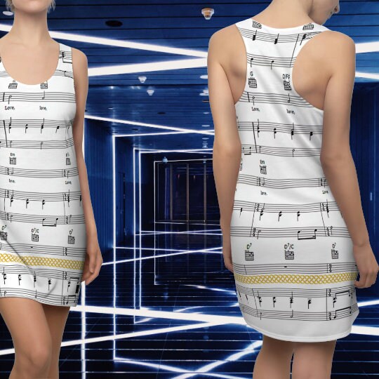 Fabled Fashion Musical stave pattern / All You need is love Celtic Knot effect Women's Cut & Sew Racerback Dress (AOP)