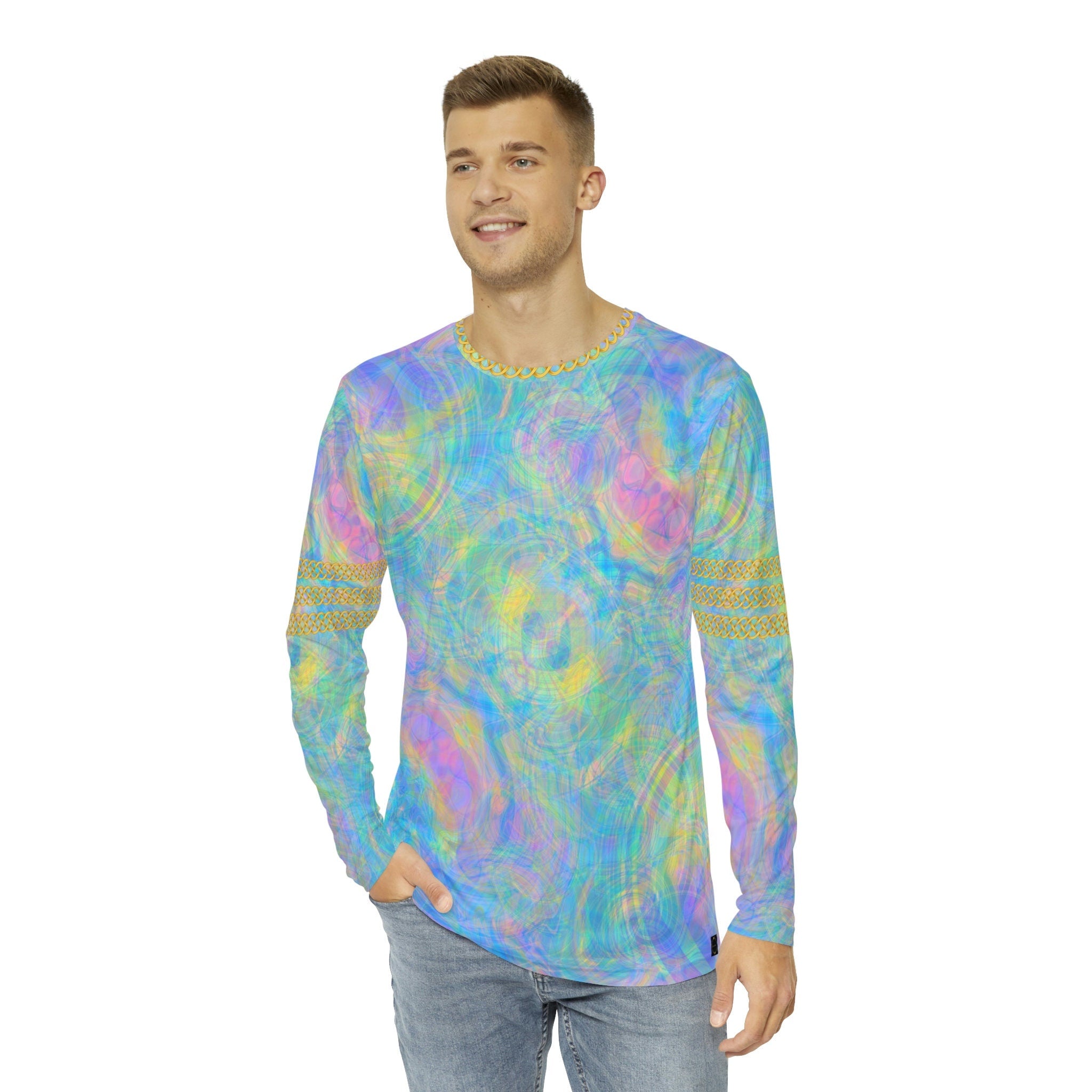 Fabled Fashion Men's Long Sleeve Psychedelic Tie-Dye Celtic chain effect AOP Shirt
