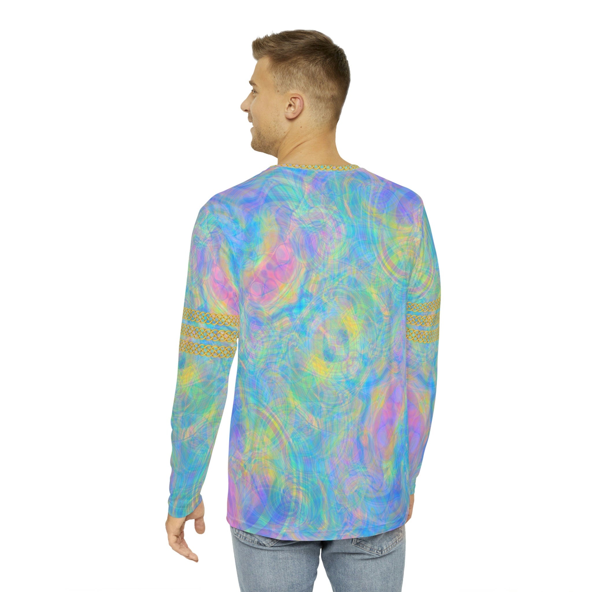 Fabled Fashion Men's Long Sleeve Psychedelic Tie-Dye Celtic chain effect AOP Shirt