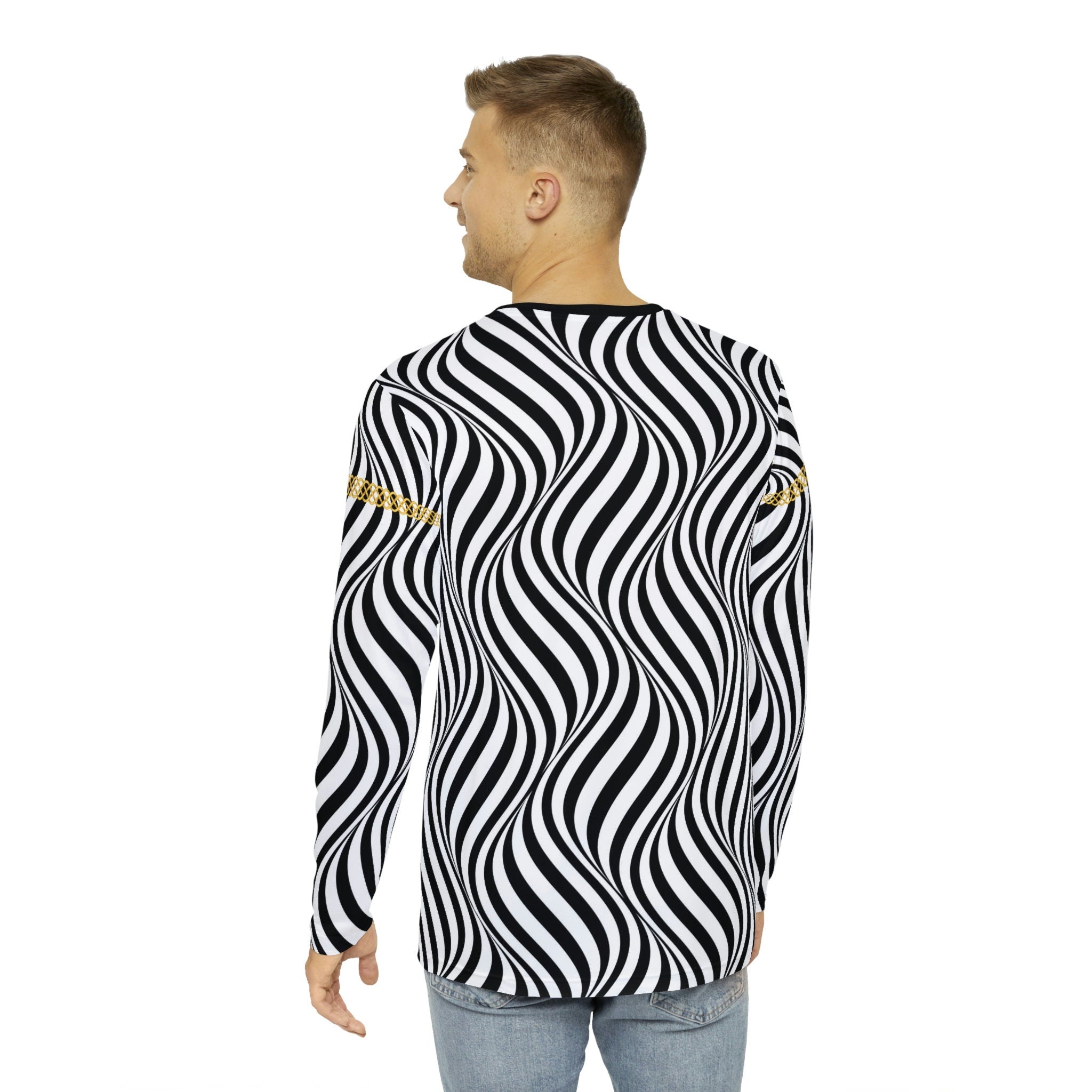 Fabled Fashion Men's Long Sleeve Back/White optical illusion Celtic chain effect AOP Shirt