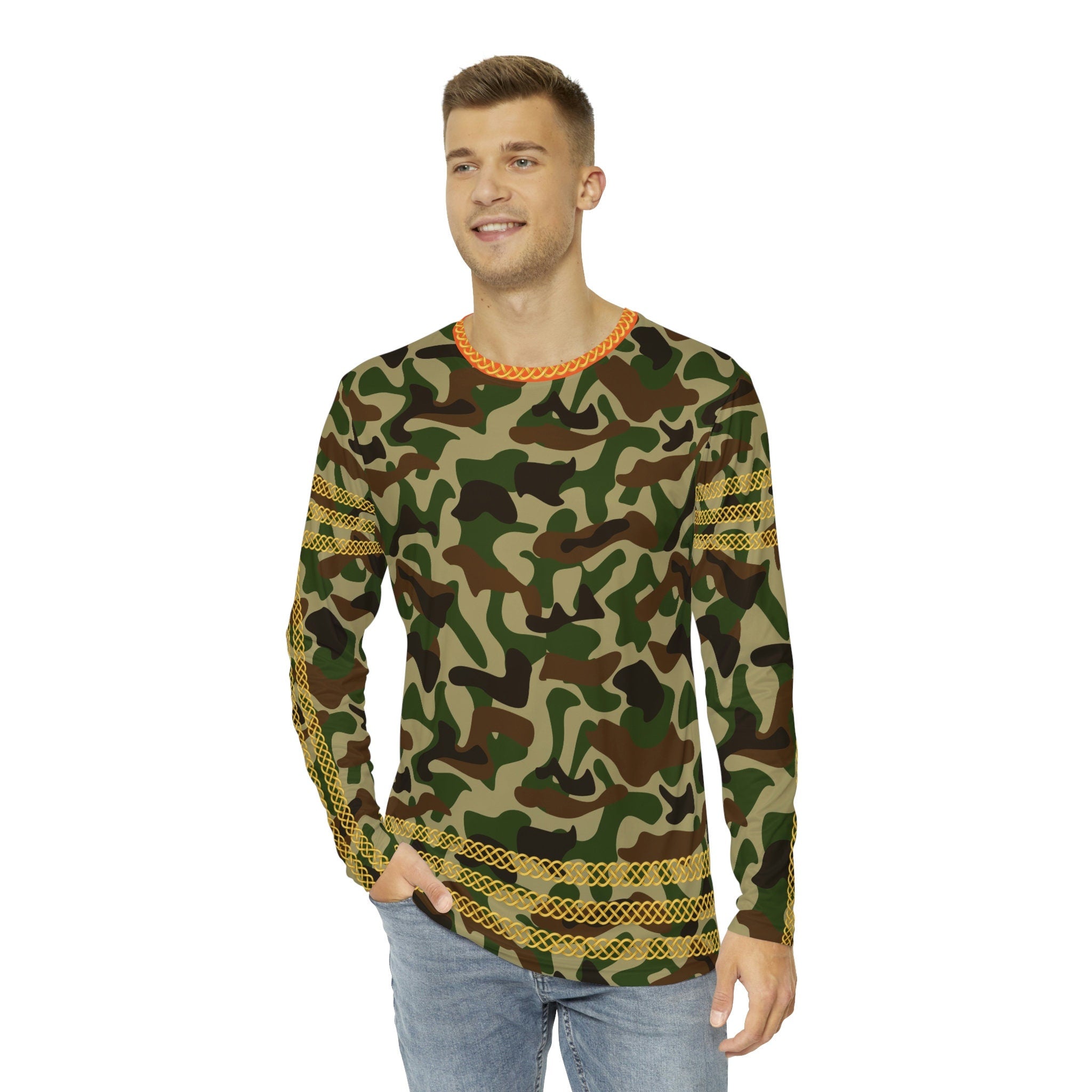 Fabled Fashion Men's Long Sleeve Green/Brown Camo effect triple Celtic chain AOP Shirt