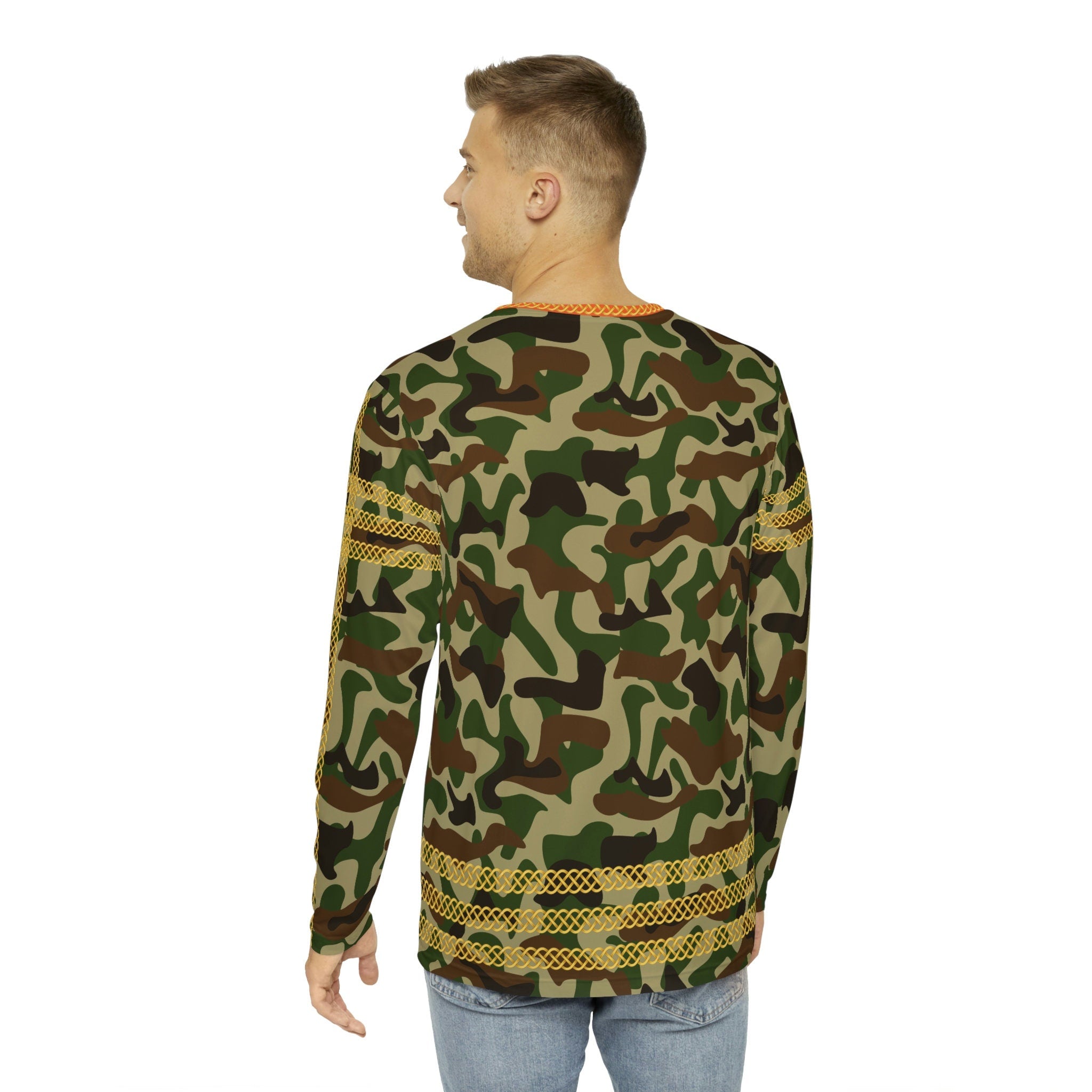 Fabled Fashion Men's Long Sleeve Green/Brown Camo effect triple Celtic chain AOP Shirt