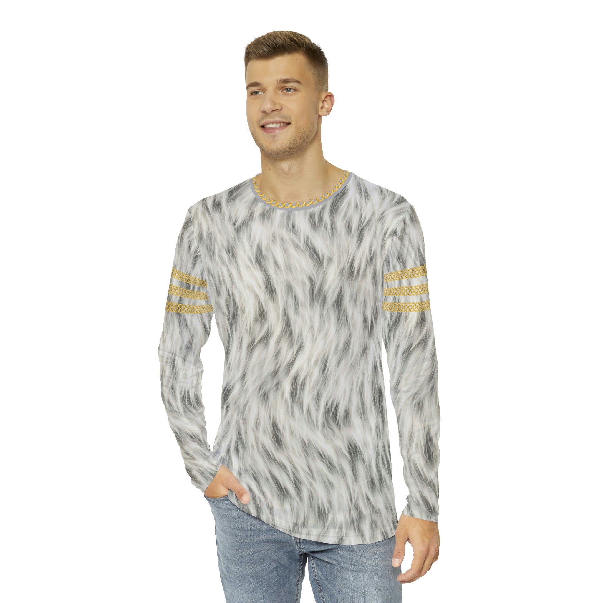 Fabled Fashion Men's Long Sleeve Snow Fur effect triple Celtic chain AOP Shirt