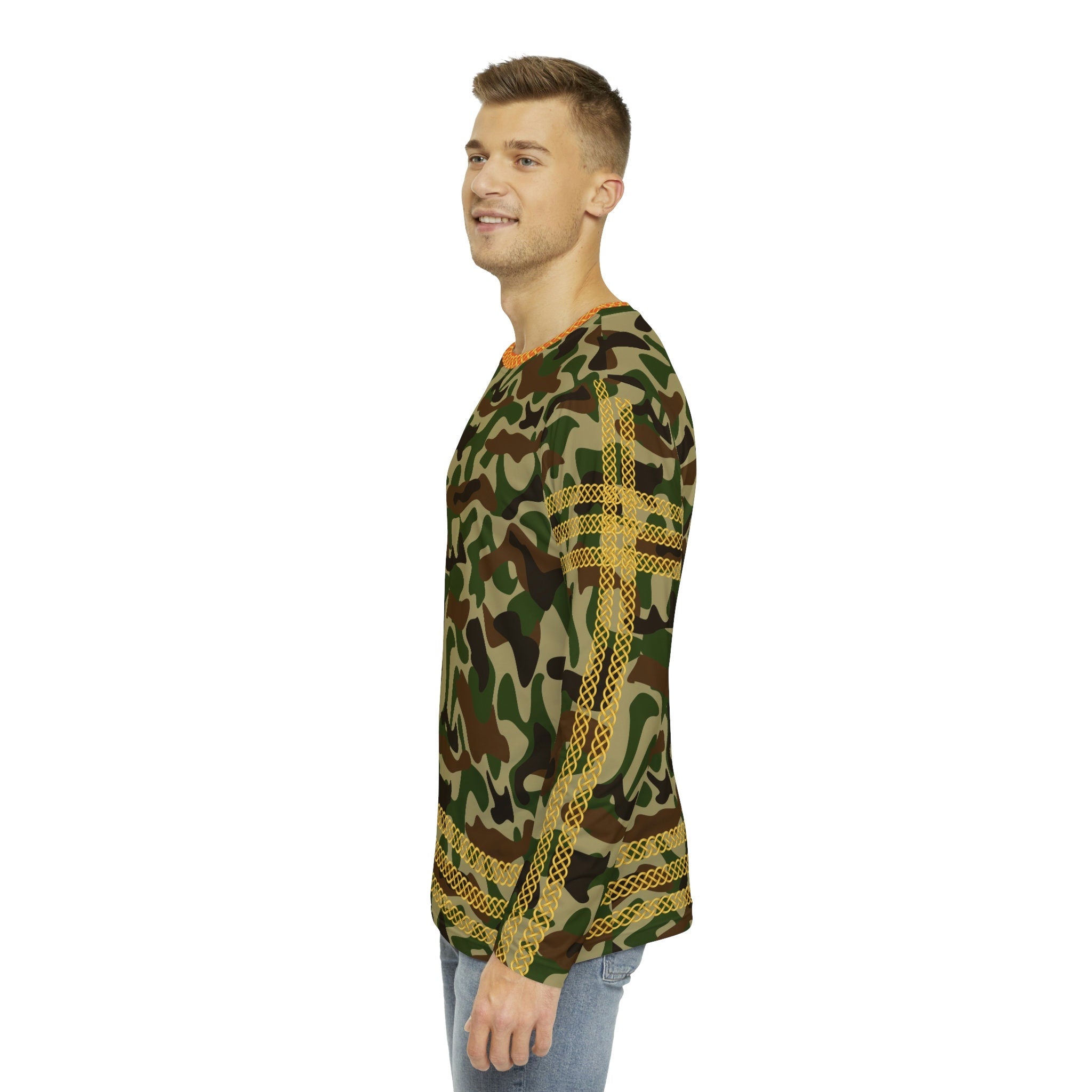 Fabled Fashion Men's Long Sleeve Green/Brown Camo effect triple Celtic chain AOP Shirt