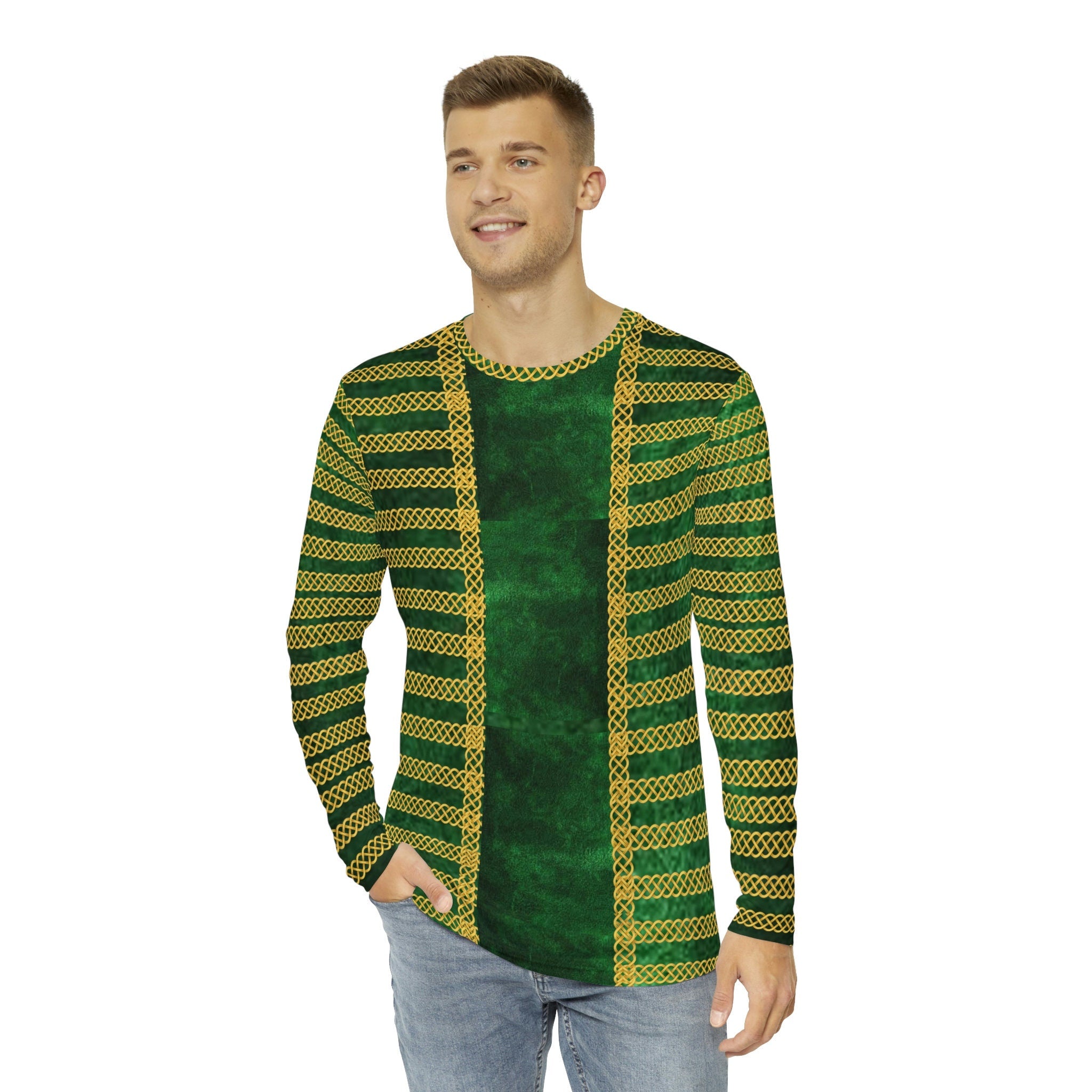 Fabled Fashion Men's Long Sleeve Green Velvet with Celtic chain jacket effect AOP Shirt
