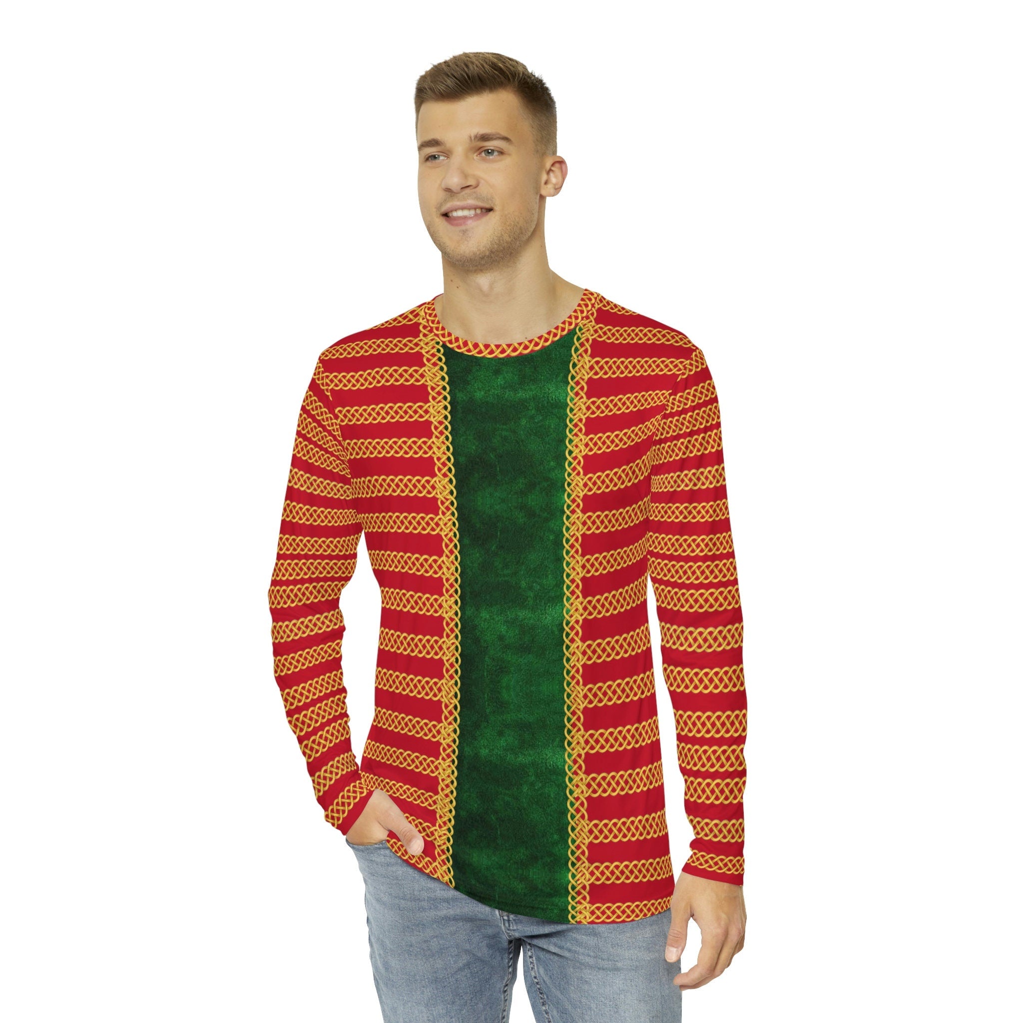 Fabled Fashion Men's Long Sleeve Red Jester Jacket on Green velvet effect Celtic knot chain AOP Shirt