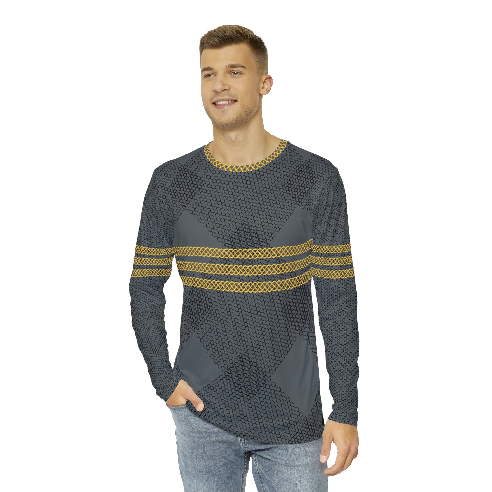 Fabled Fashion Men's Long Sleeve Triple Celtic chain effect AOP Shirt Grey Mesh pattern
