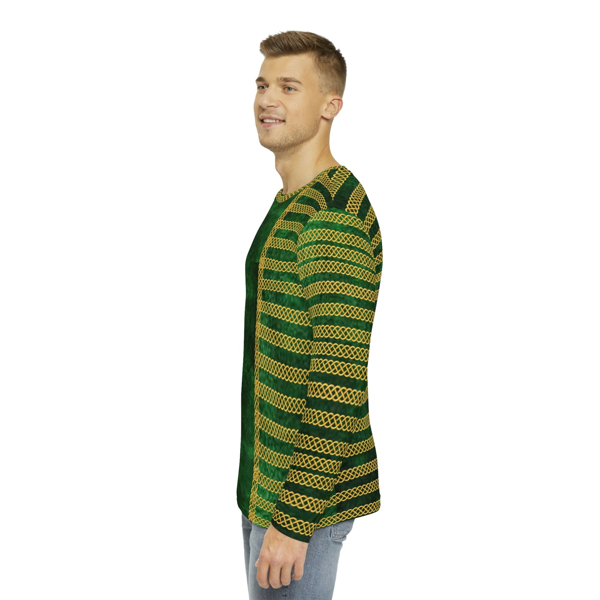 Fabled Fashion Men's Long Sleeve Green Velvet with Celtic chain jacket effect AOP Shirt