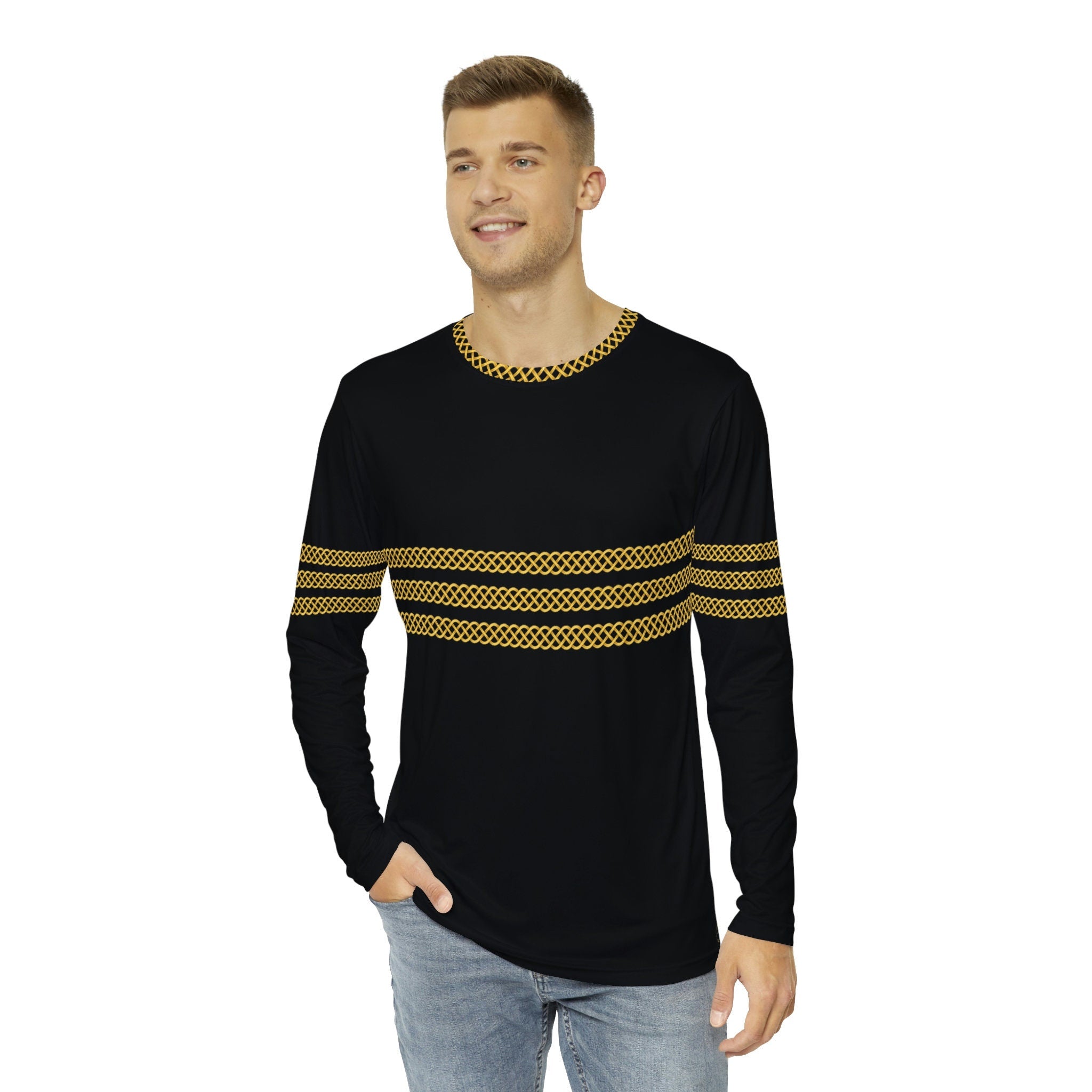 Fabled Fashion Men's Long Sleeve Triple Celtic chain effect AOP Shirt Black