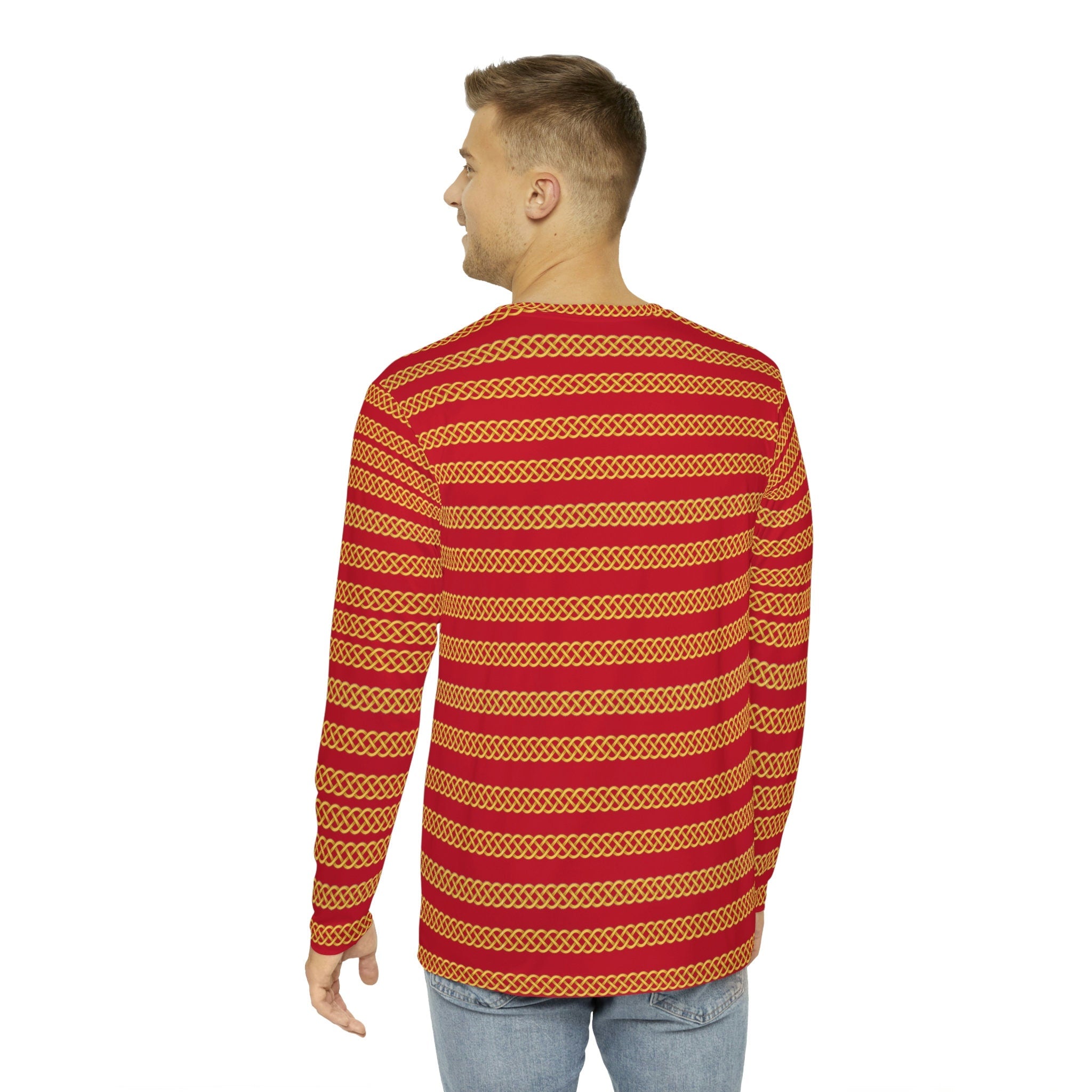 Fabled Fashion Men's Long Sleeve Red Jester Jacket on Green velvet effect Celtic knot chain AOP Shirt