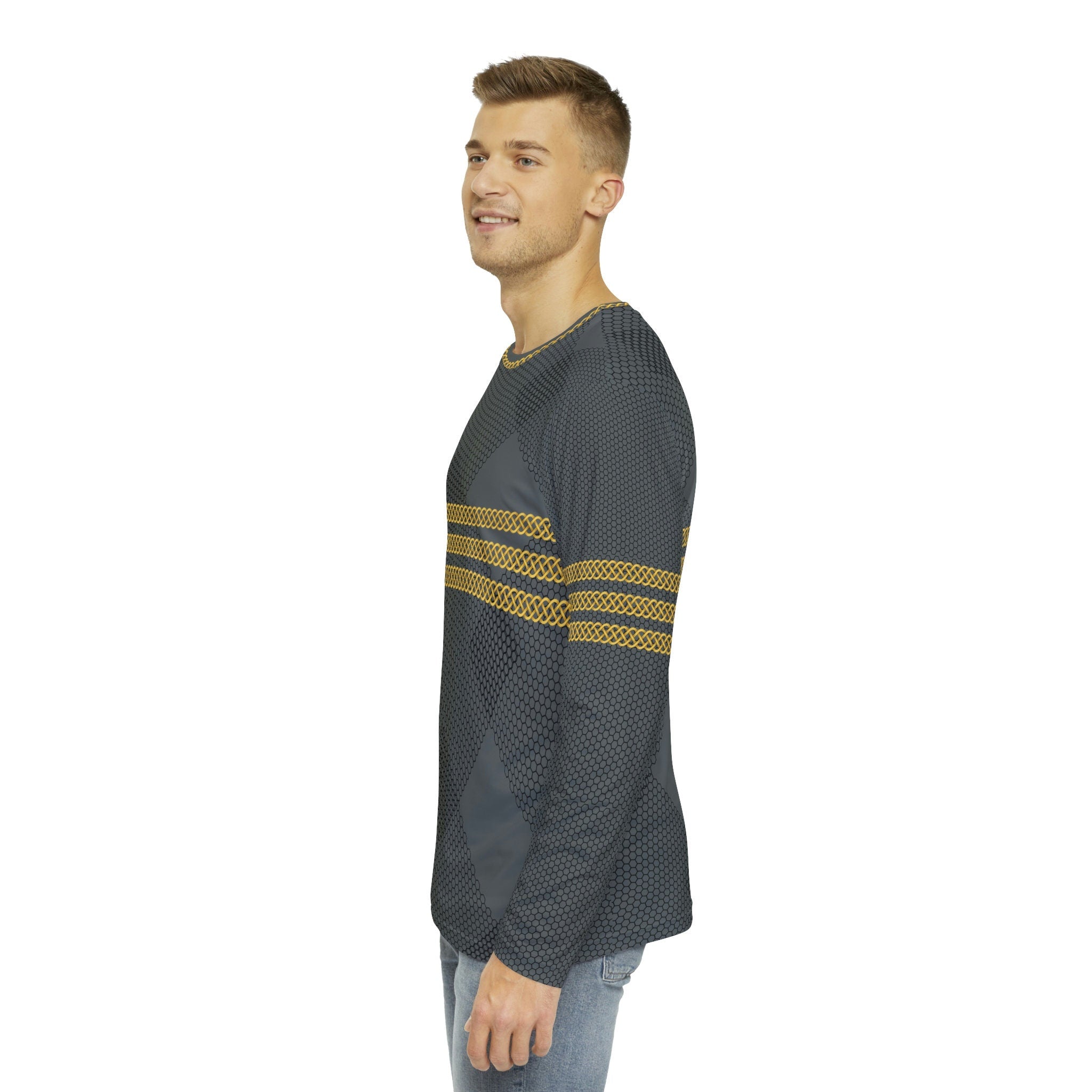 Fabled Fashion Men's Long Sleeve Triple Celtic chain effect AOP Shirt Grey Mesh pattern