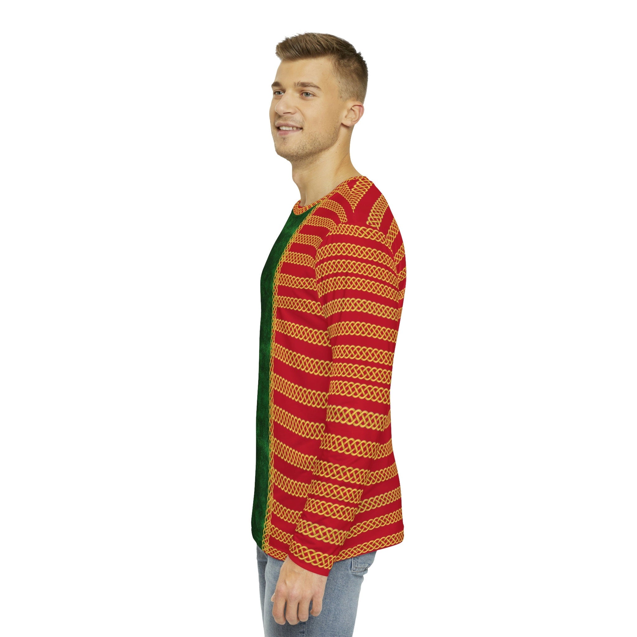 Fabled Fashion Men's Long Sleeve Red Jester Jacket on Green velvet effect Celtic knot chain AOP Shirt