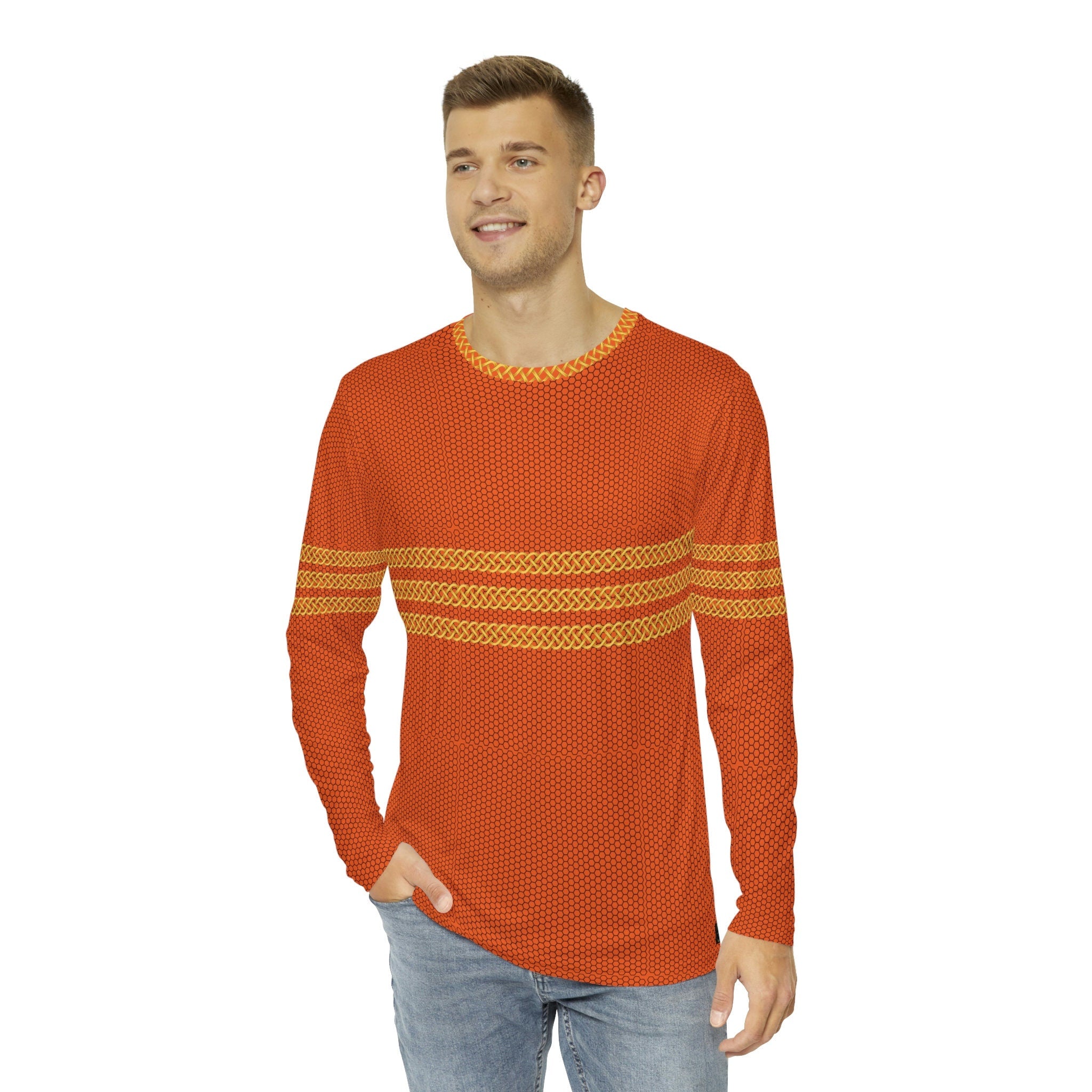 Fabled Fashion Men's Long Sleeve Triple Celtic chain effect AOP Shirt Orange