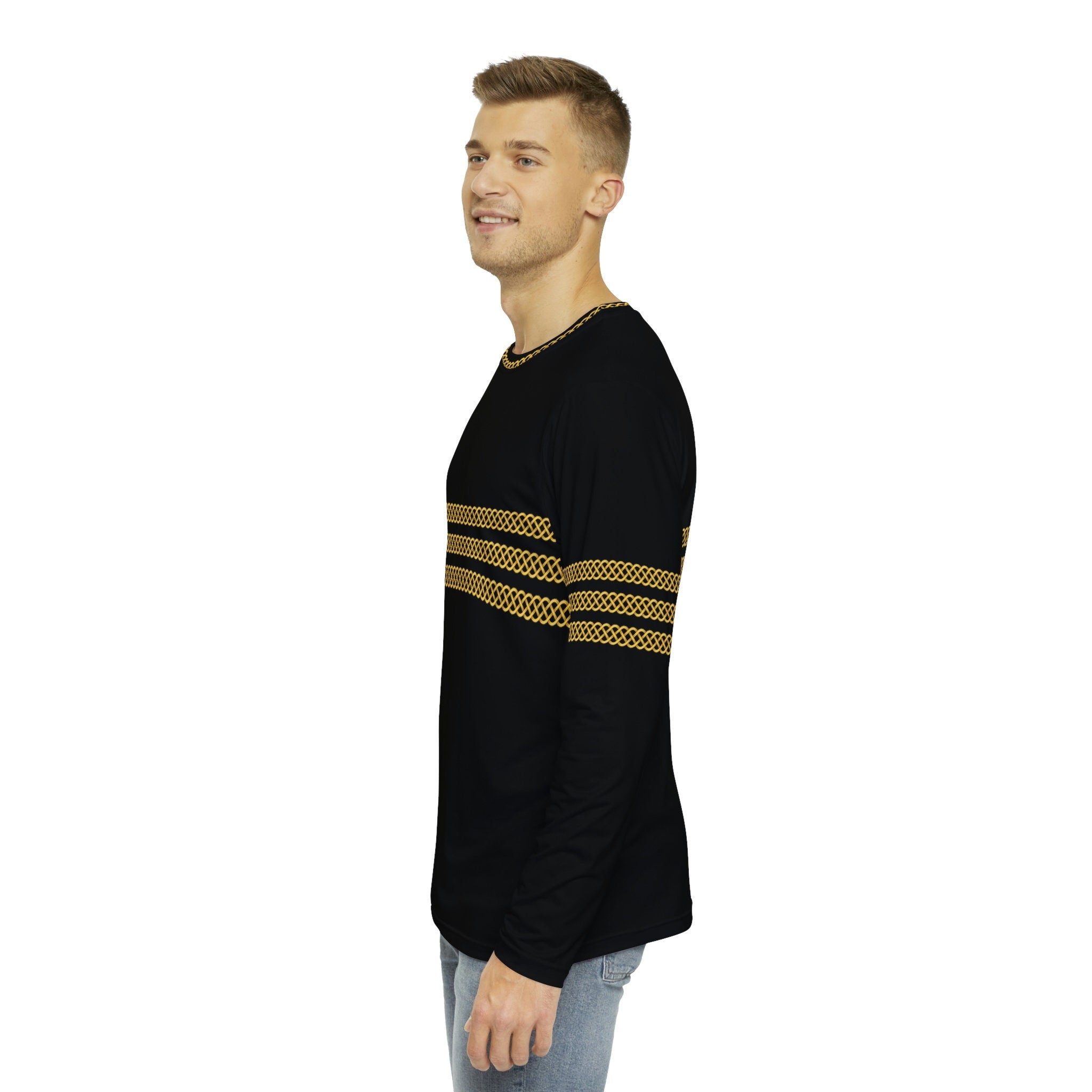 Fabled Fashion Men's Long Sleeve Triple Celtic chain effect AOP Shirt Black