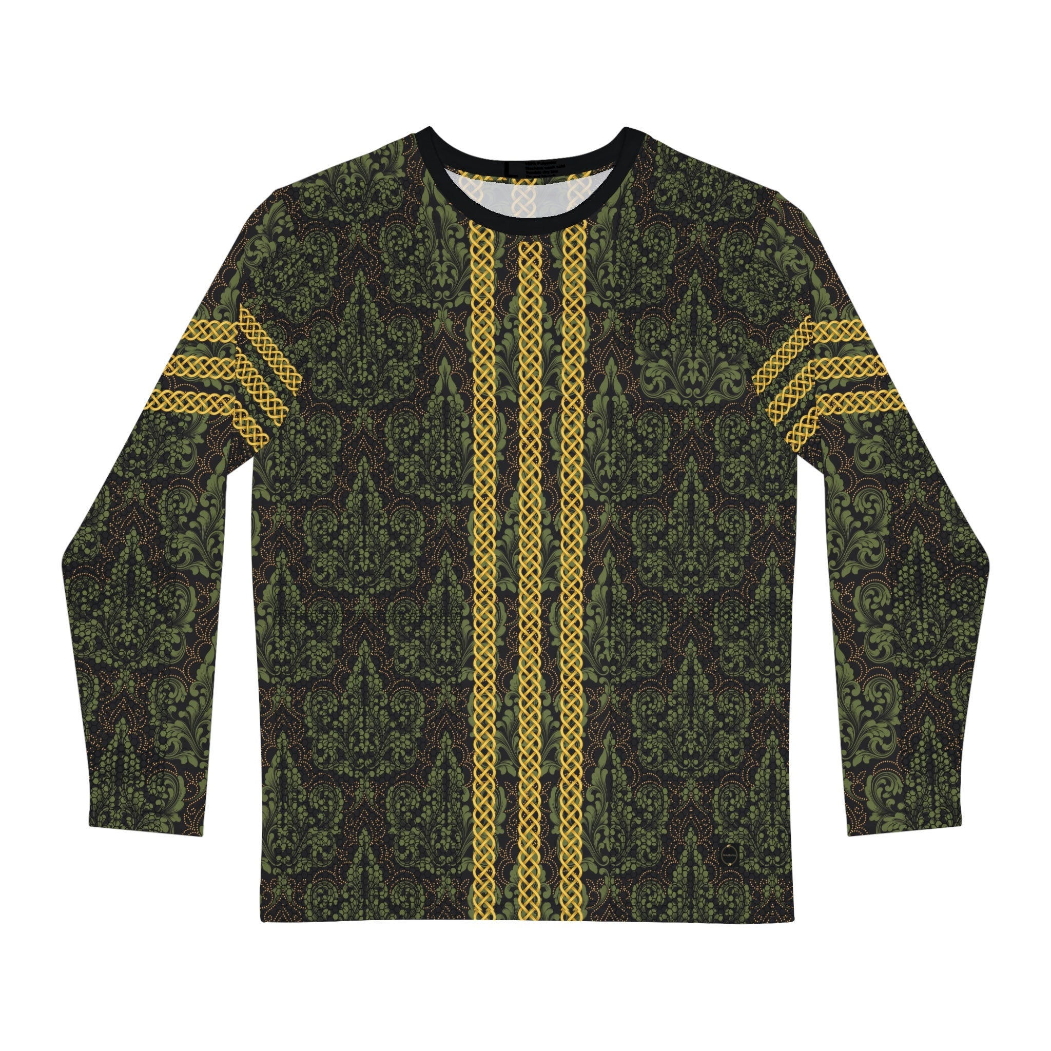 Fabled Fashion Men's Long Sleeve Green Damask and Black lace effect with Celtic knot chain AOP Shirt