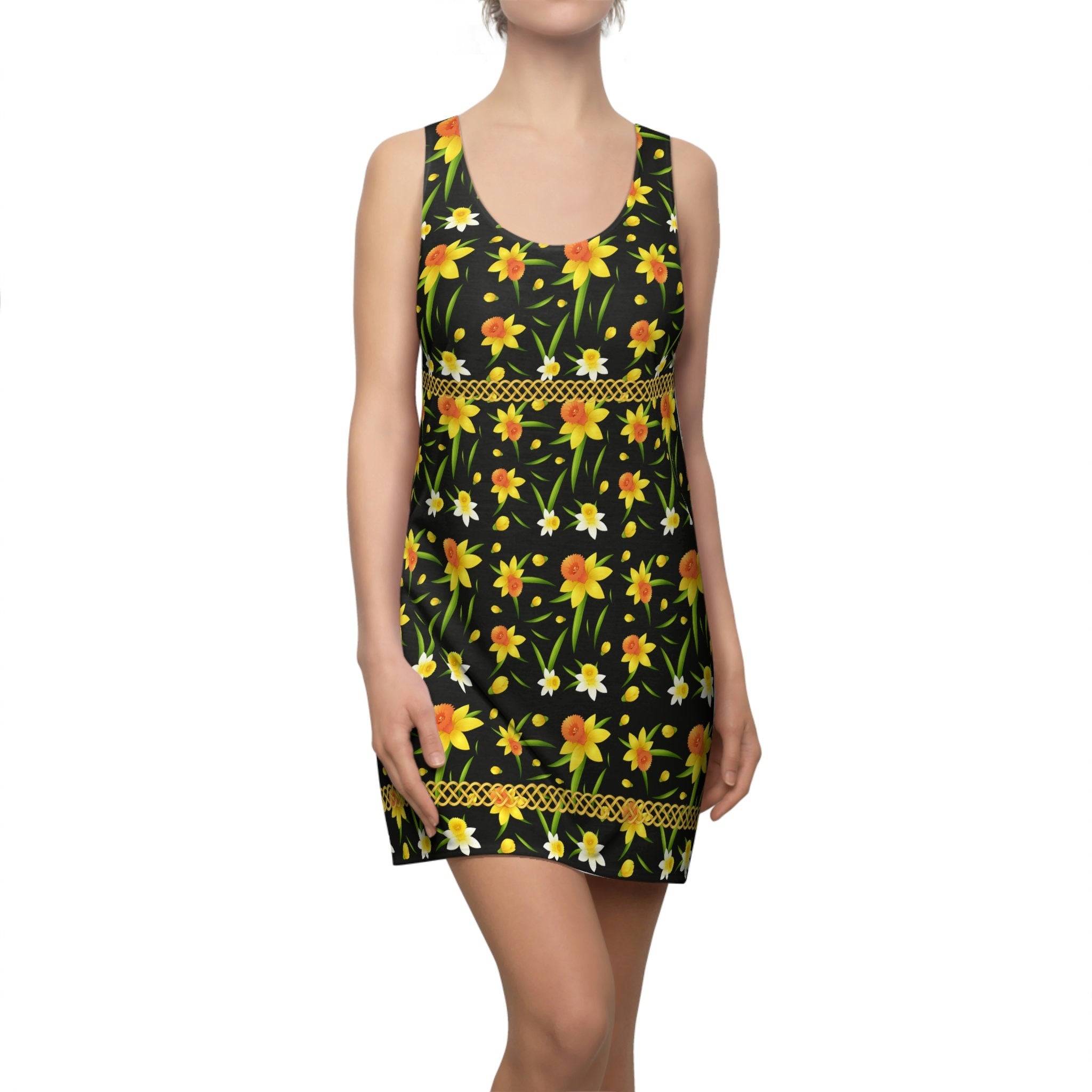Fabled Fashion Daffodils Celtic Knot effect Women's Cut & Sew Racerback Dress (AOP)