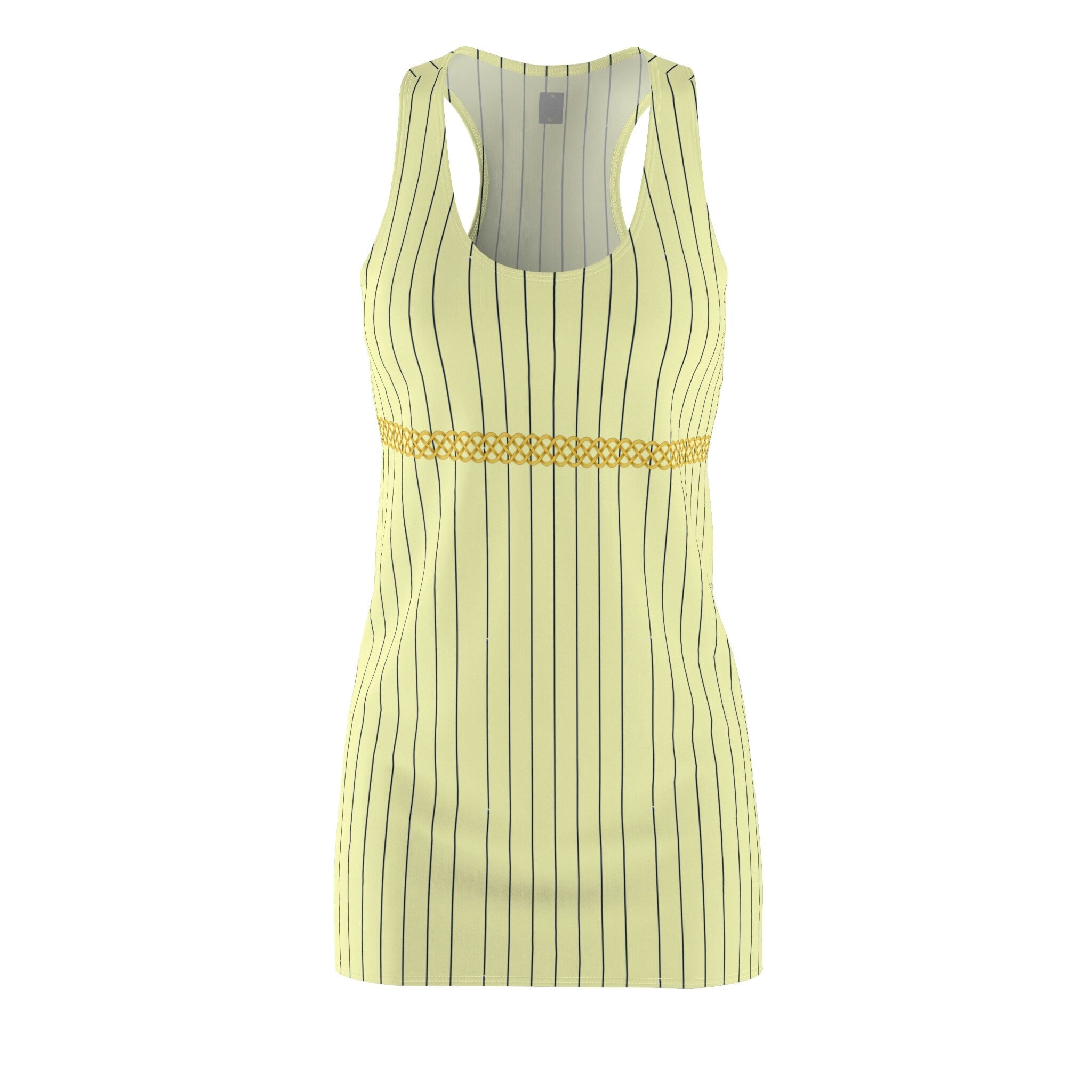 Fabled Fashion Cream/Navy Pinstripe with Celtic Knot effect Women's Cut & Sew Racerback Dress (AOP) inspired by Vivian in Pretty Woman