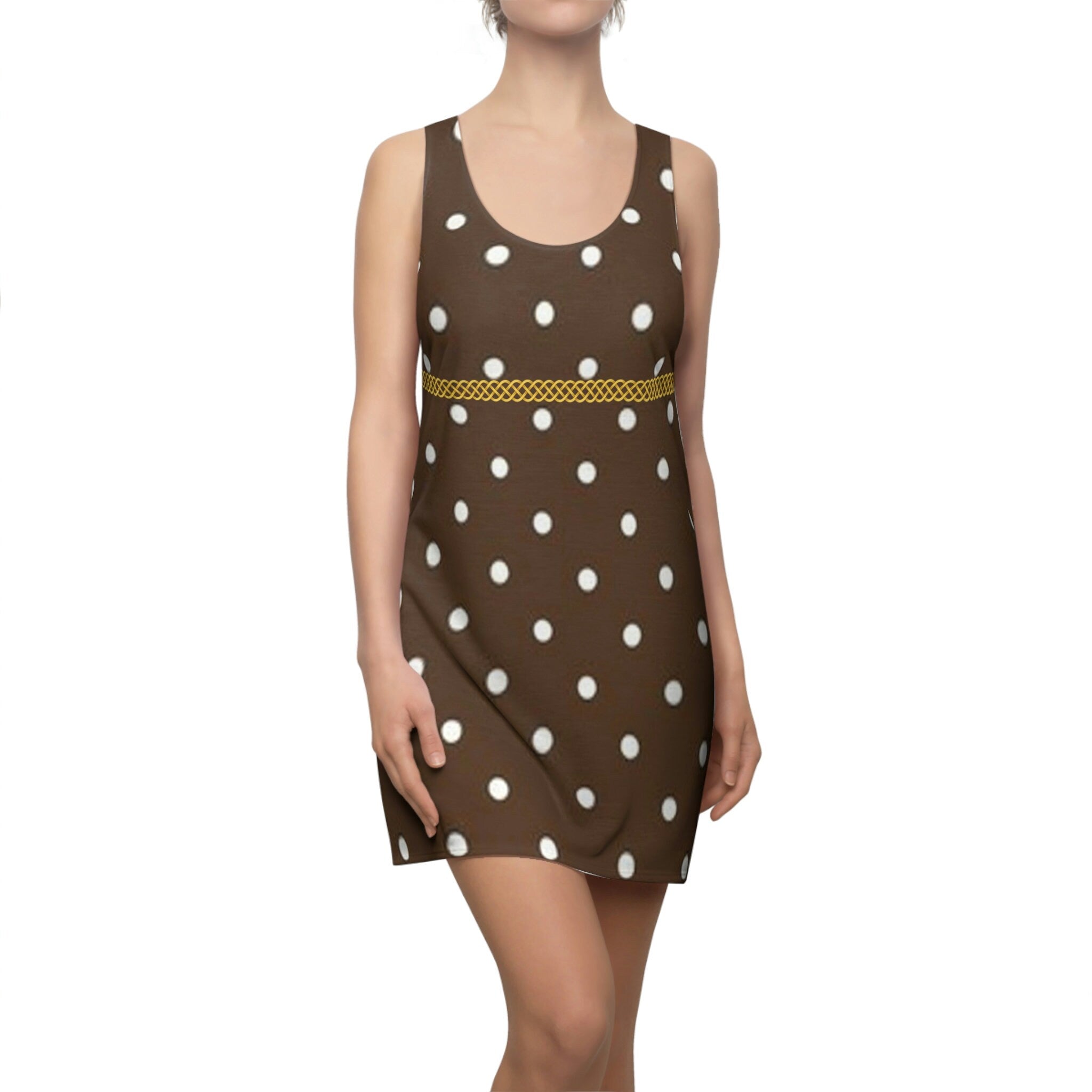 Fabled Fashion Chocolate Polka Dot with Celtic Knot effect Women's Cut & Sew Racerback Dress (AOP) inspired by Vivian in Pretty Woman
