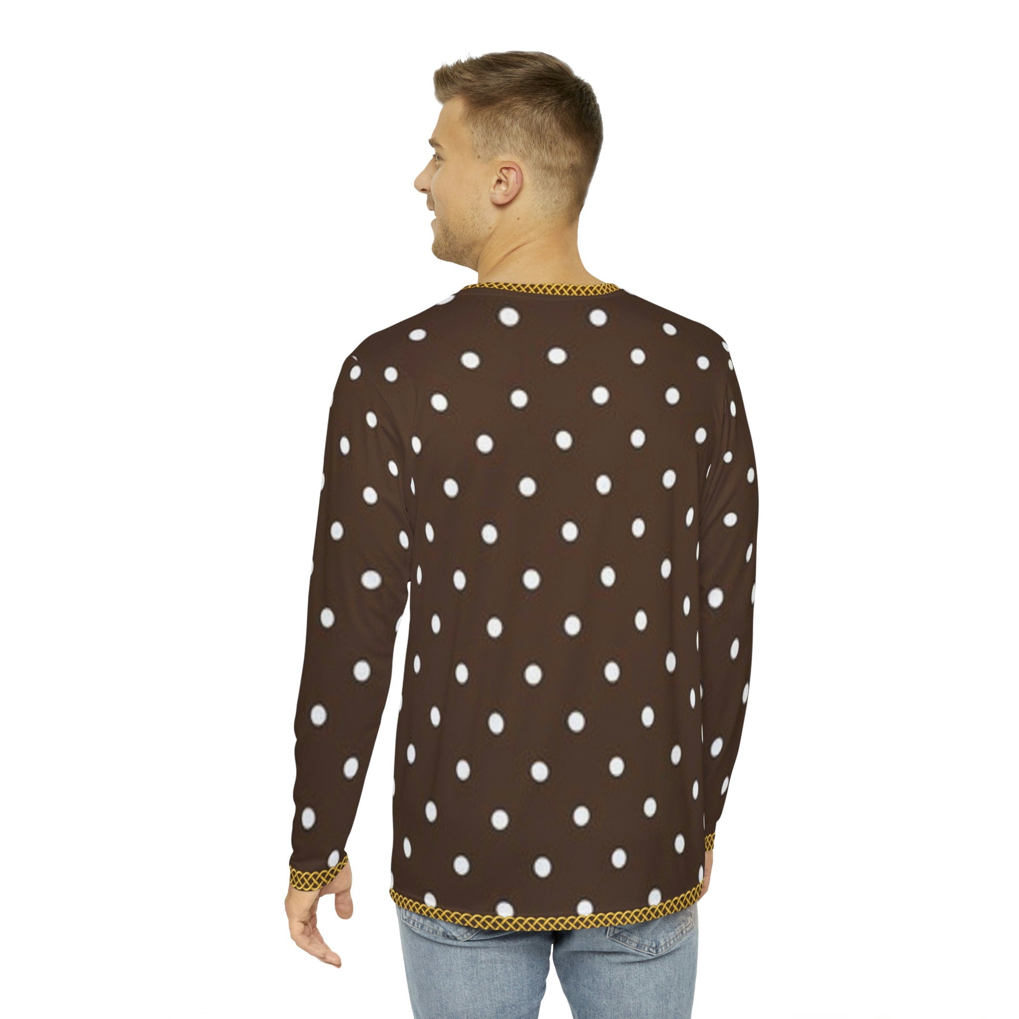 Fabled Fashion Men's Long Sleeve Chocolate Polka Dot Triple Celtic chain effect AOP shirt.