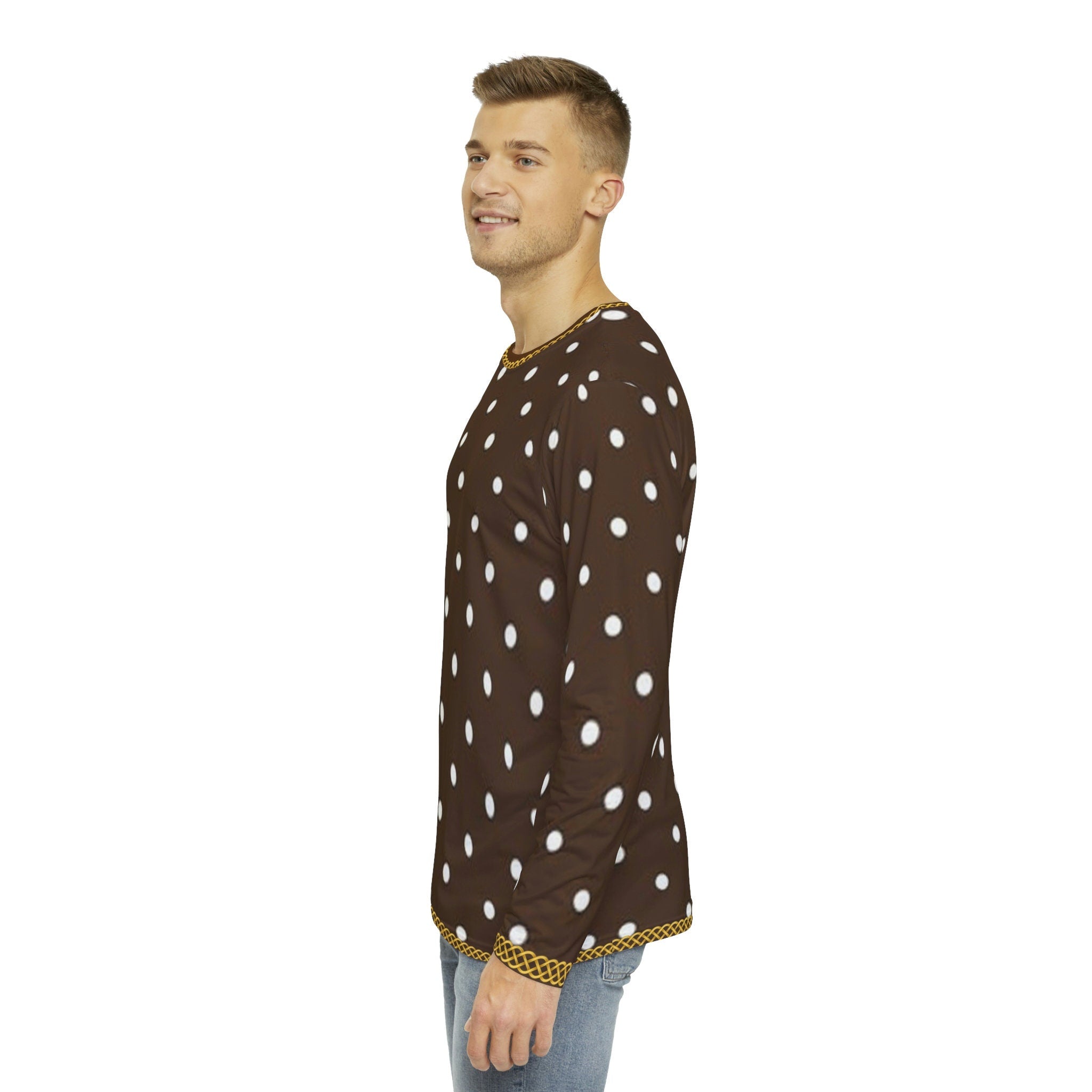 Fabled Fashion Men's Long Sleeve Chocolate Polka Dot Triple Celtic chain effect AOP shirt.