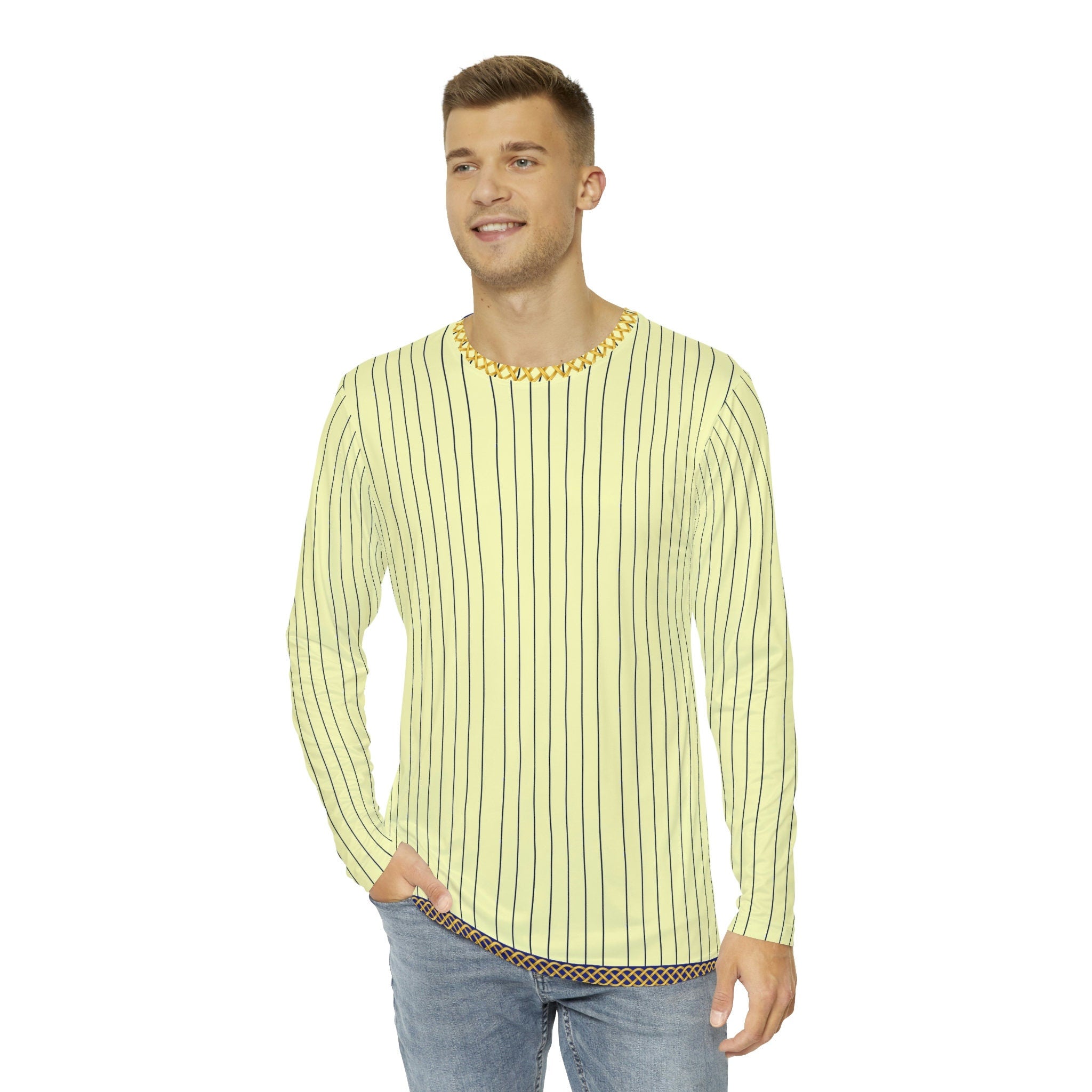 Fabled Fashion Men's Long Sleeve Cream pinstripe with Celtic chain effect AOP shirt.
