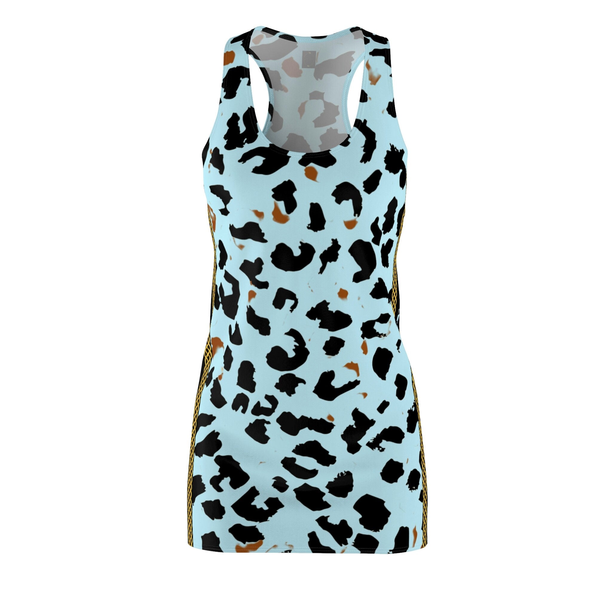 Fabled Fashion Light Blue Leopard print with vertical Celtic Knot effect Women's Cut & Sew Racerback Dress (AOP)