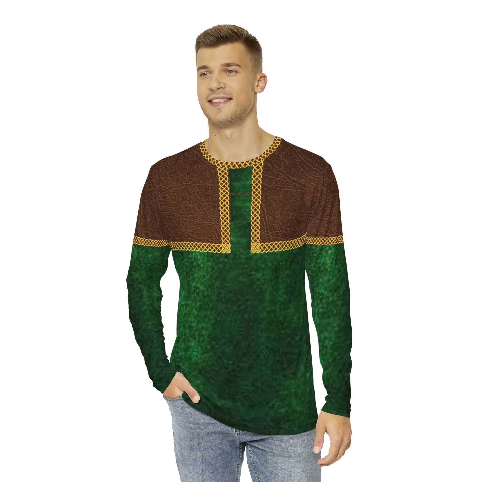 Fabled Fashion Men's Long Sleeve Leather and velvet celtic chain effect Robin Hood style AOP Shirt