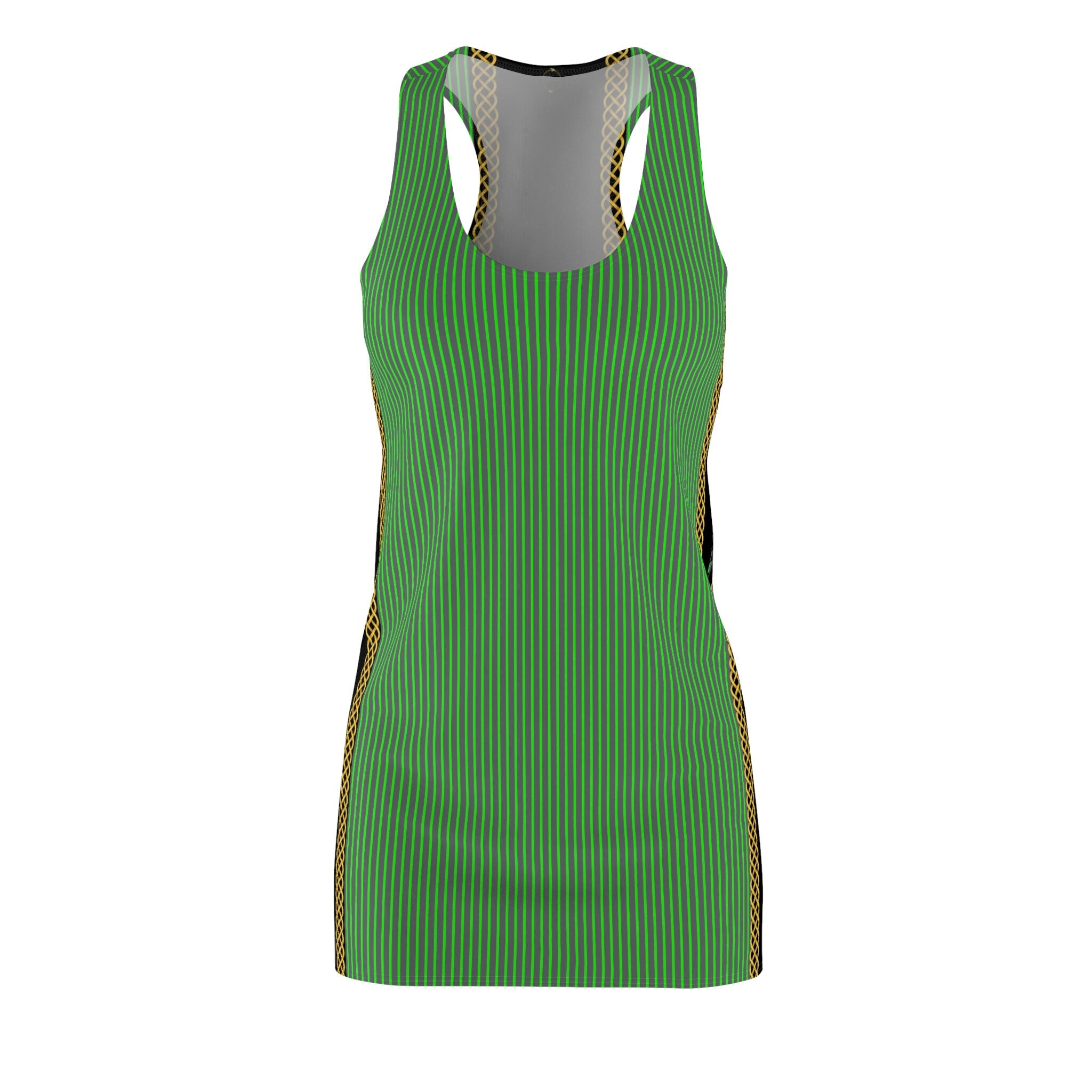 Fabled Fashion Green HI-VIS pinstripe on Grey effect Women's Cut & Sew Racerback Dress (AOP)