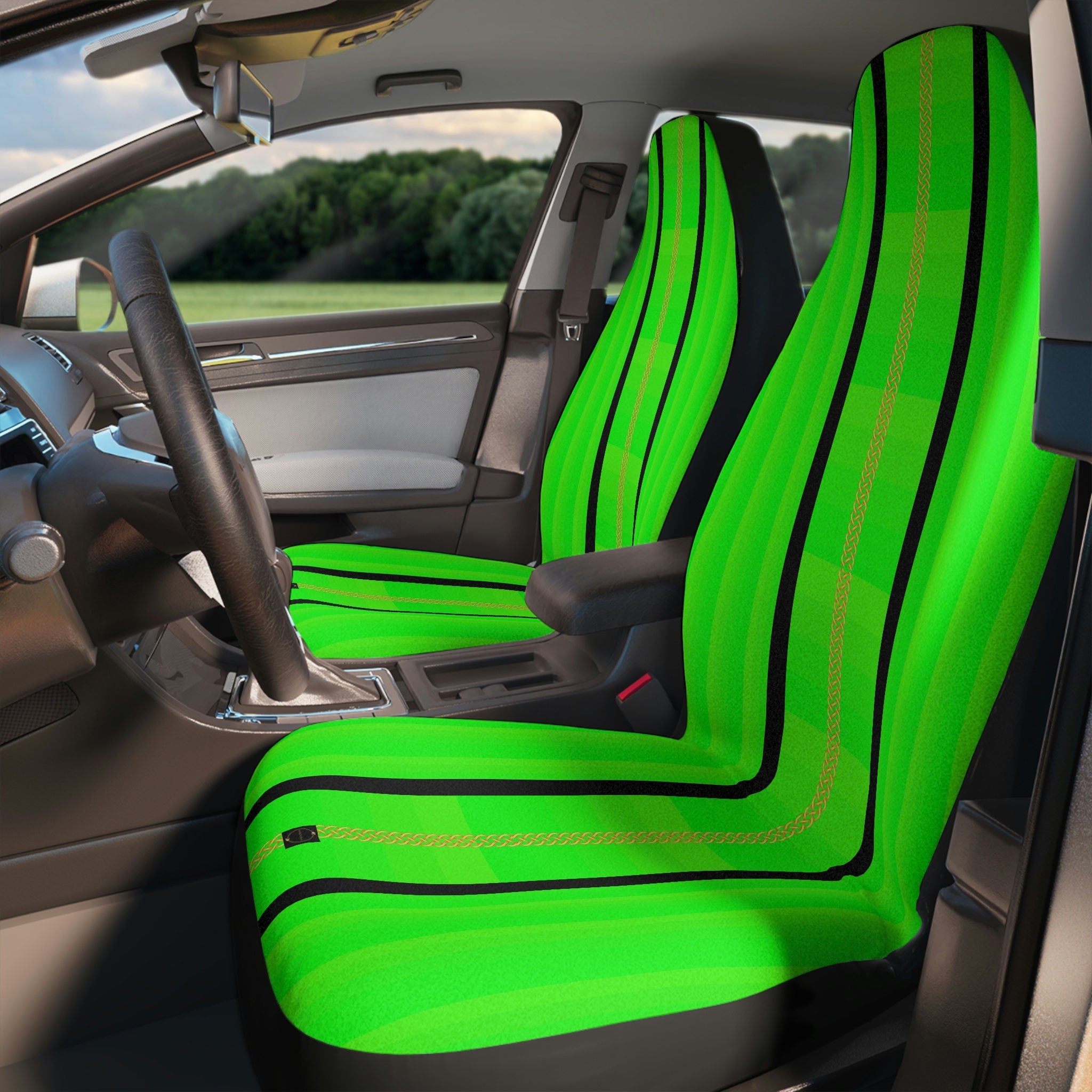 Fabled Fashion Hi Vis Green with Celtic Knot Racing stripe print Car Seat Covers