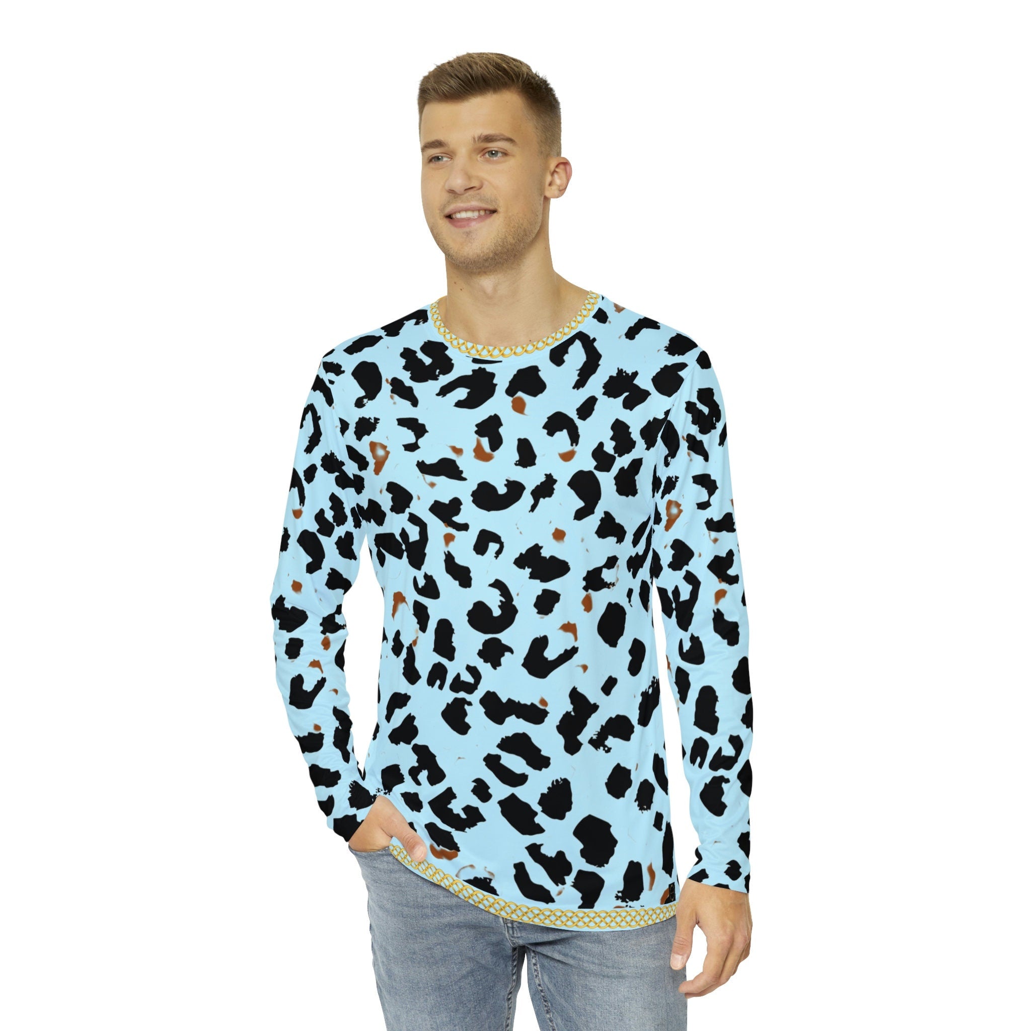 Fabled Fashion Men's Long Sleeve Light blue Leopard print with celtic chain effect AOP Shirt