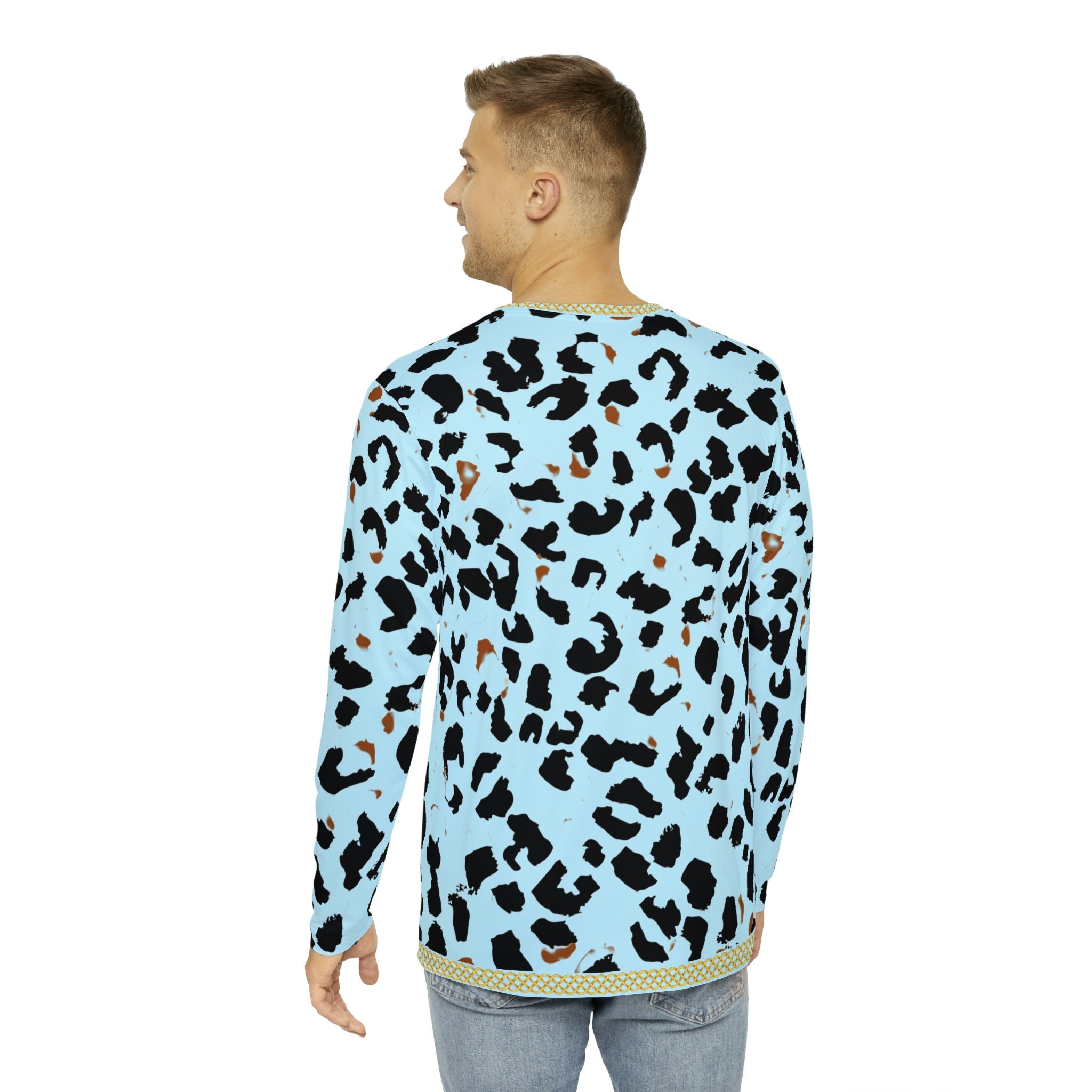 Fabled Fashion Men's Long Sleeve Light blue Leopard print with celtic chain effect AOP Shirt