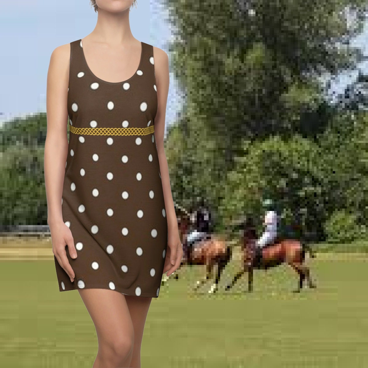 Fabled Fashion Chocolate Polka Dot with Celtic Knot effect Women's Cut & Sew Racerback Dress (AOP) inspired by Vivian in Pretty Woman