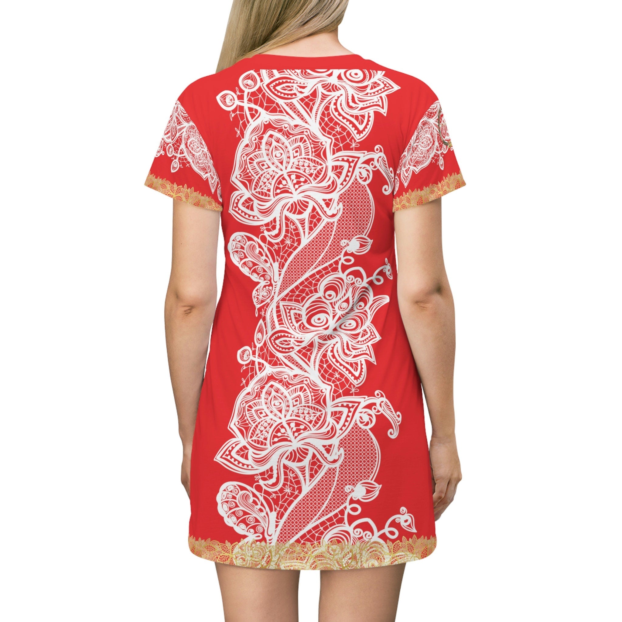 Fabled Fashion White/Gold Lace embroidered effect Red All Over Print Spring/Summer T-Shirt Dress