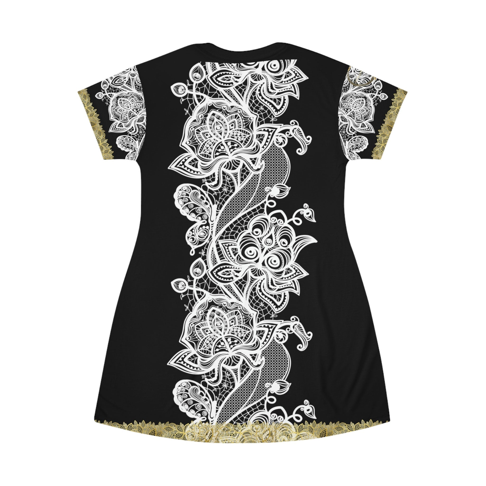 Fabled Fashion White/Gold Lace embroidered effect Black All Over Print Spring/Summer T-Shirt Dress