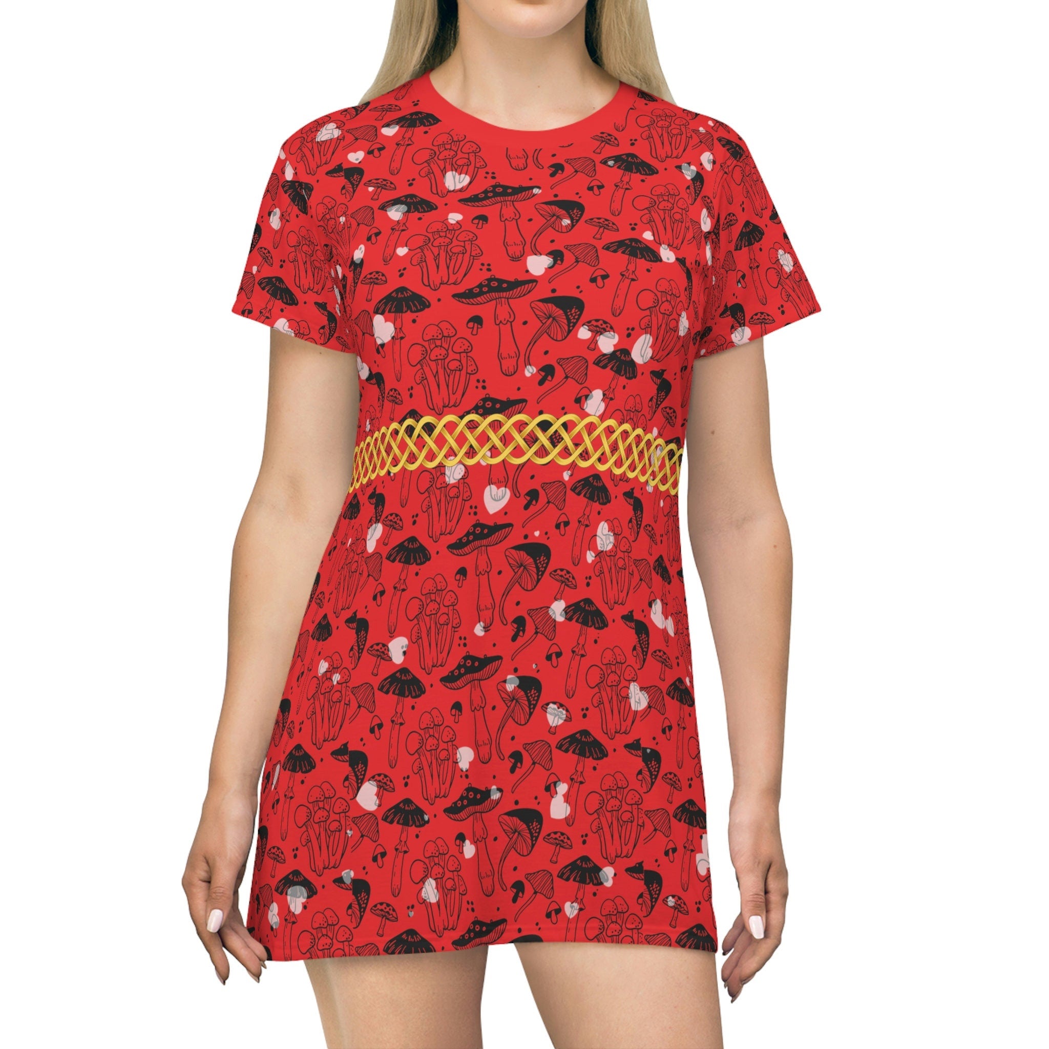 Fabled Fashion Red Mushrooms Celtic Knot All Over Print Spring/Summer T-Shirt Dress