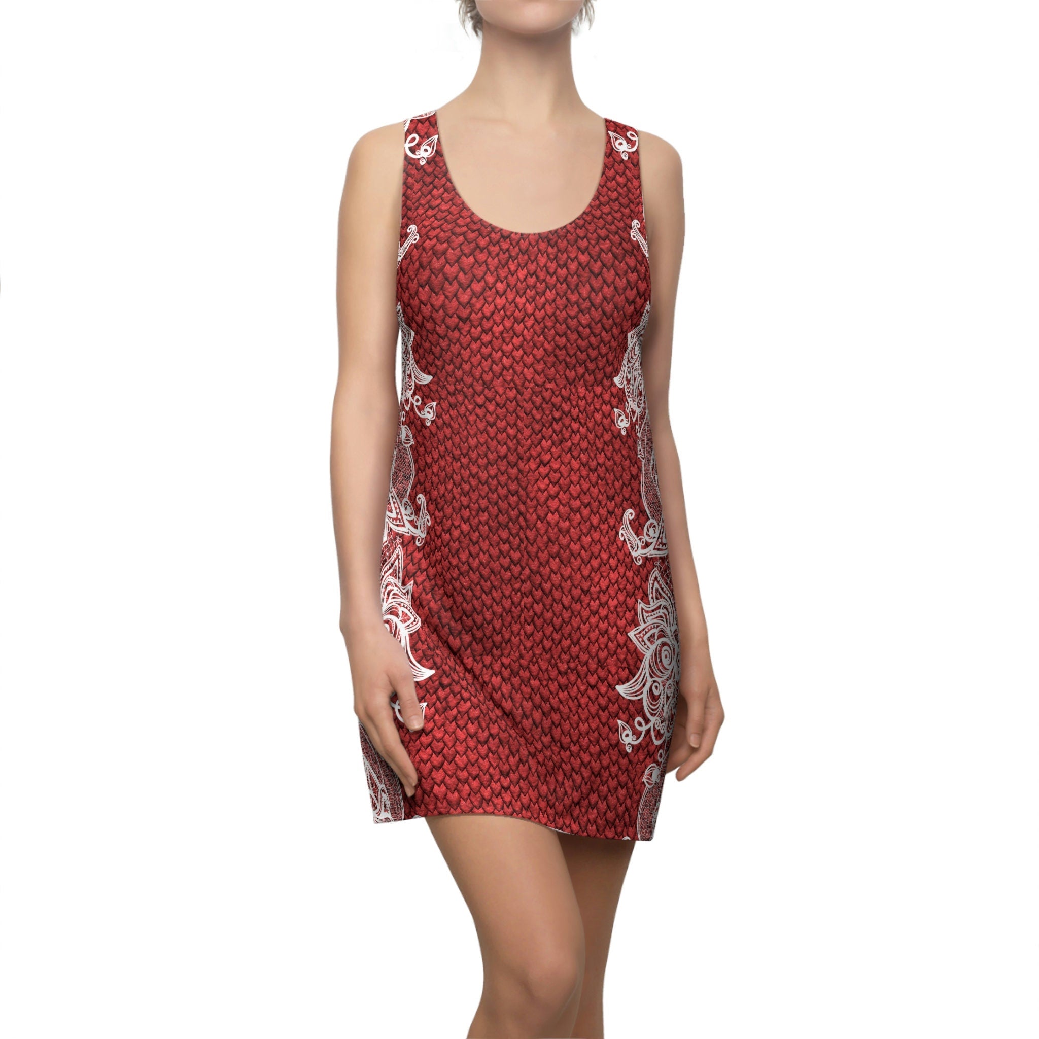 Fabled Fashion Red Dragon skin/White Lace effect Women's Cut & Sew Racerback Dress (AOP)