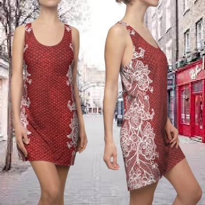 Fabled Fashion Red Dragon skin/White Lace effect Women's Cut & Sew Racerback Dress (AOP)