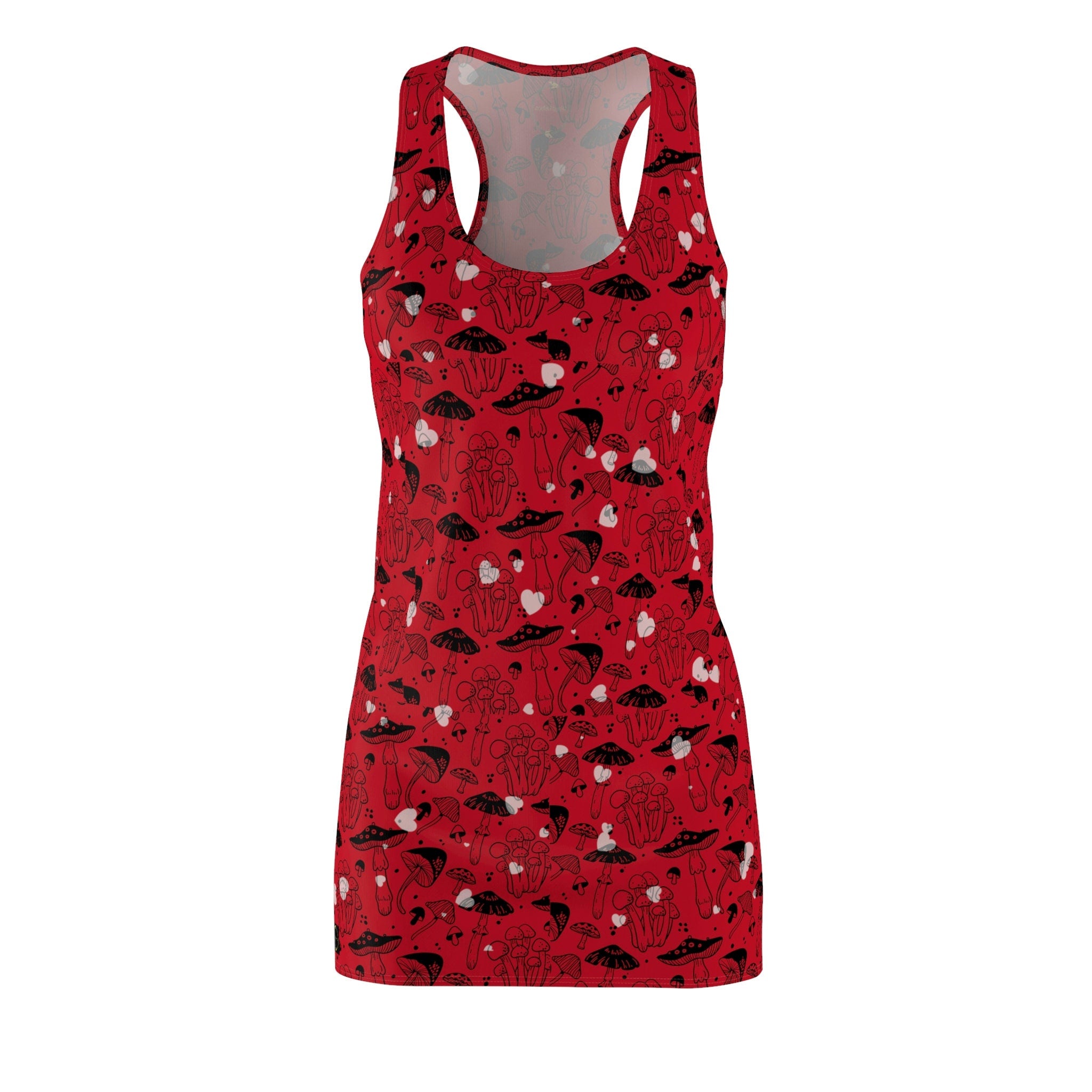 Fabled Fashion Red Toadstool effect with mushroom print Women's Cut & Sew Racerback Dress (AOP)