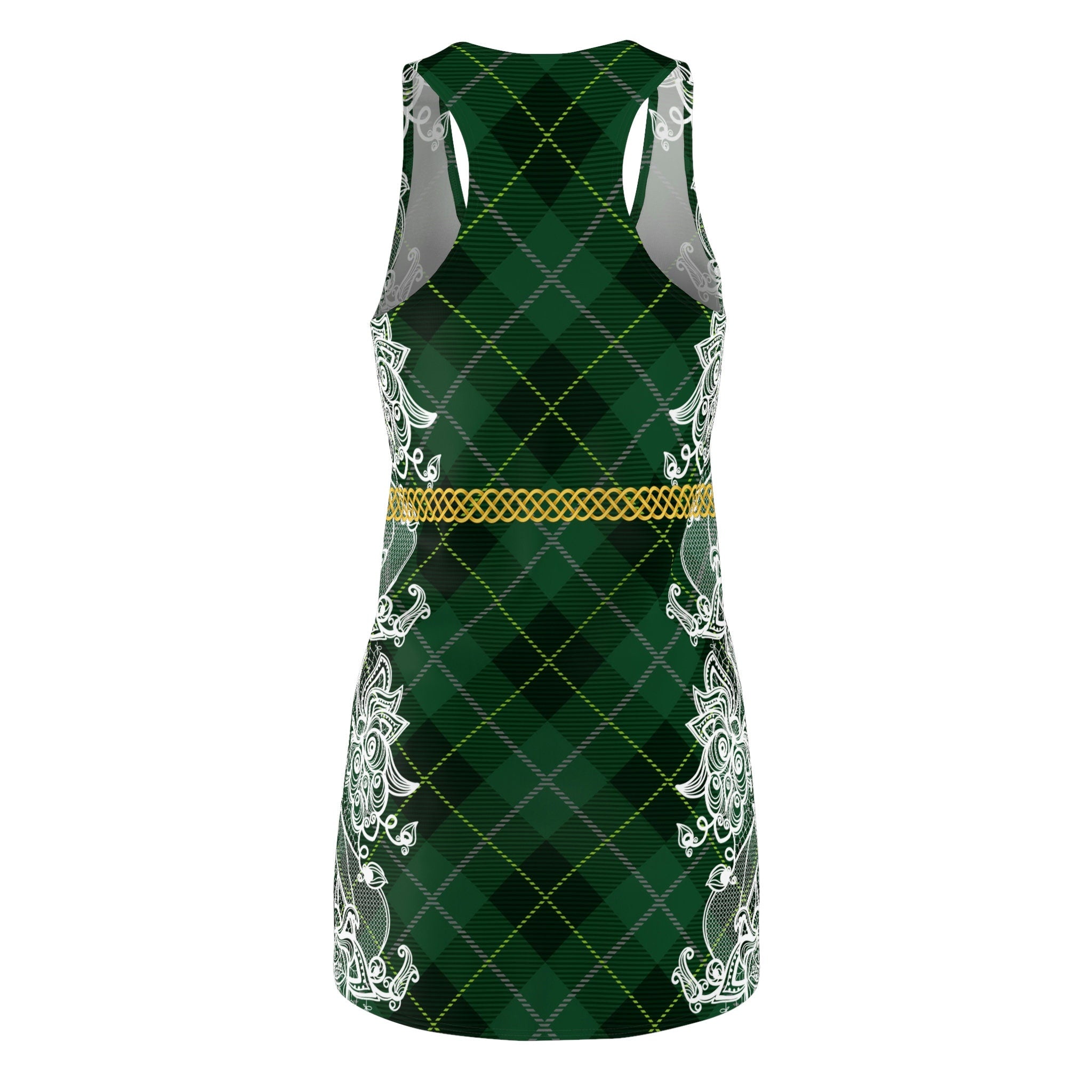 Fabled Fashion Green Tartan plaid and white lace effect Celtic Knot belt Women's Cut & Sew Racerback Dress (AOP)