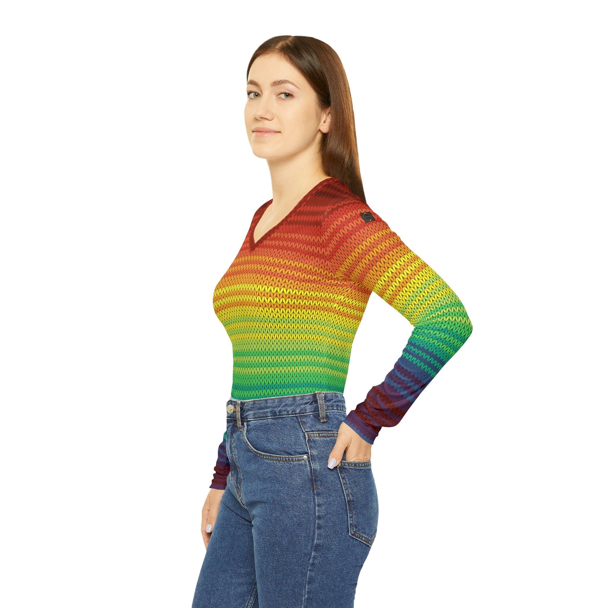 Fabled Fashion Mexican Knit effect Women's Long Sleeve V-neck Shirt (AOP)