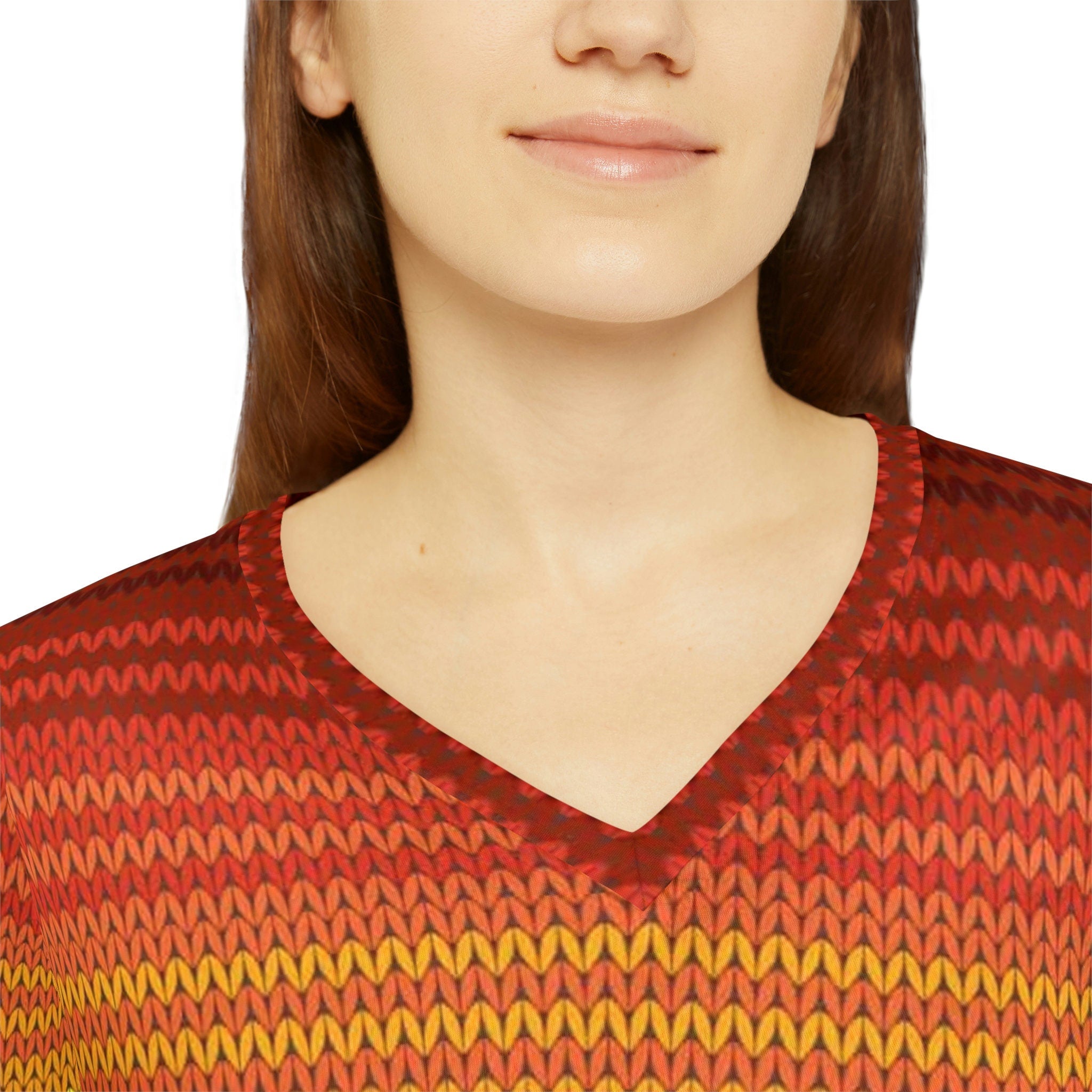 Fabled Fashion Mexican Knit effect Women's Long Sleeve V-neck Shirt (AOP)
