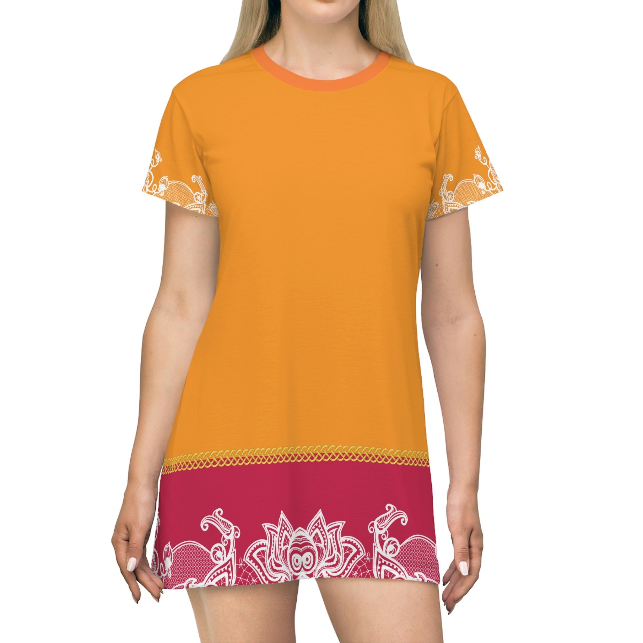 Fabled Fashion Velma Dinkley colour inspired Lace effect with Celtic Knot All Over Print Spring/Summer T-Shirt Dress