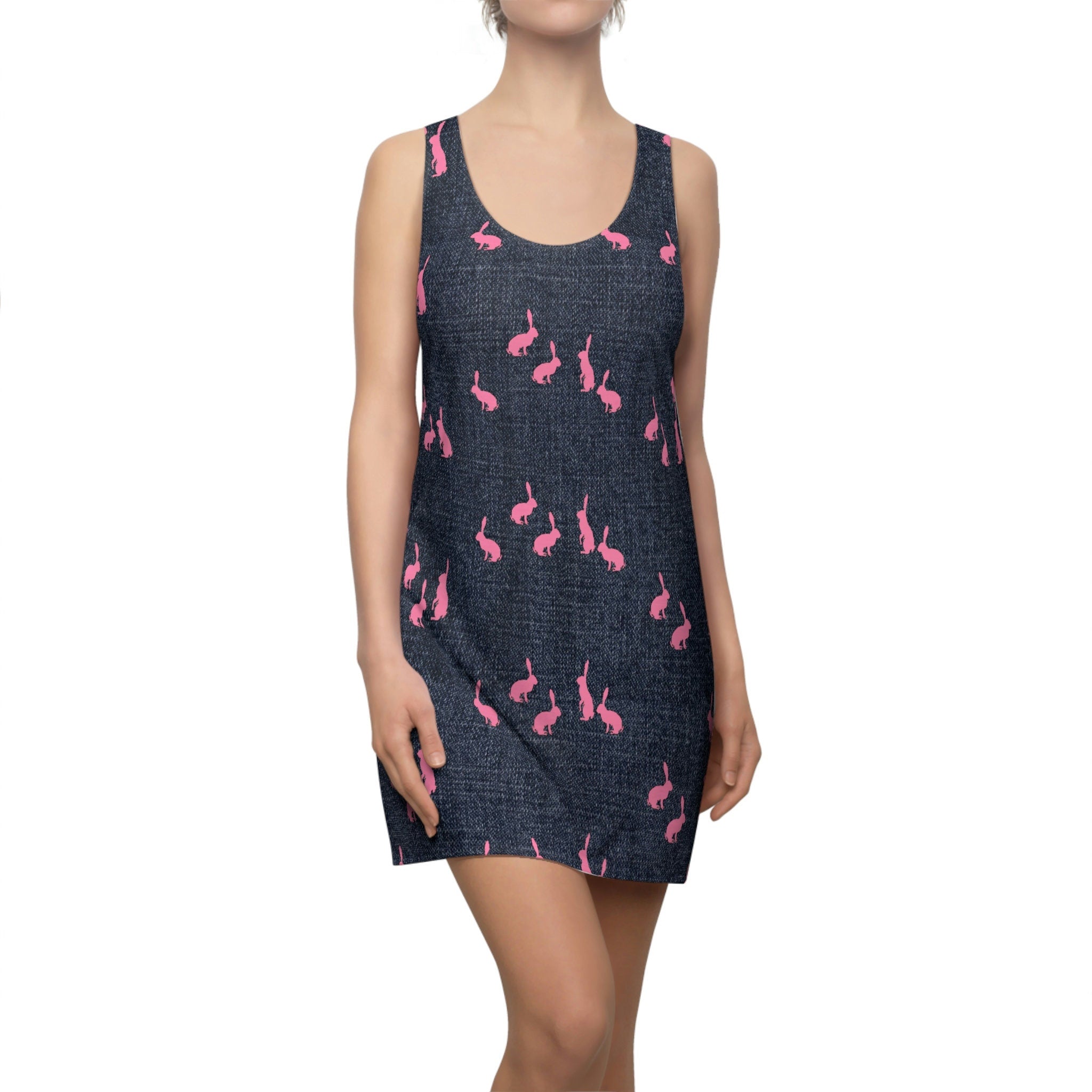 Fabled Fashion Pink Rabbits on Denim effect  Women's Cut & Sew Racerback Dress (AOP)